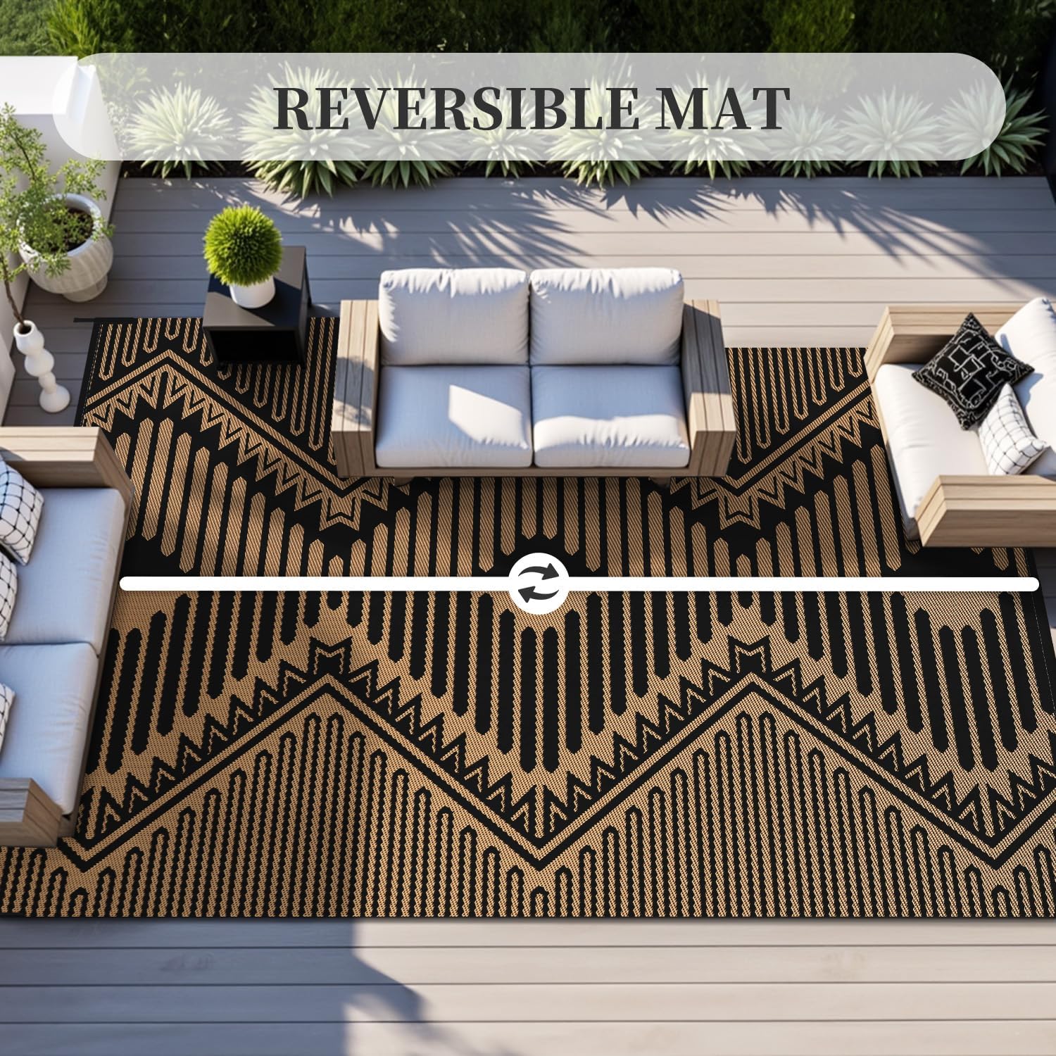 MontVoo Outdoor Rug-Waterproof Patio Rug Mat 5x8 Outdoor Carpet Mat Reversible Plastic Straw Outside Outdoor Rug for RV Camping Picnic Balcony Backyard Pool Deck Porch Modern Boho Black Brown