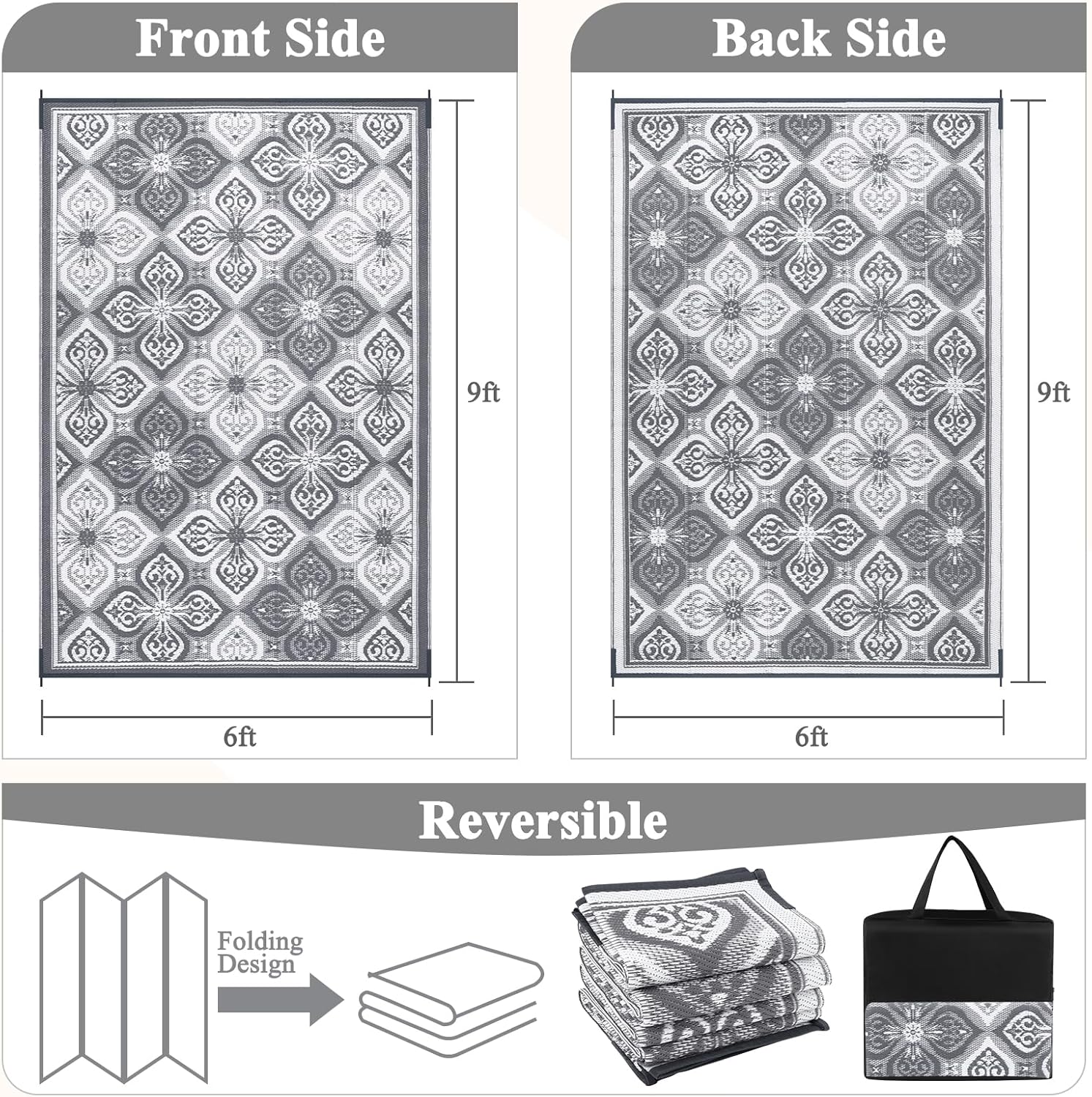 Pauwer Reversible Outdoor Rug, 6'x9', Waterproof, Polypropylene, Clover Grey, Area Rug for Patio, RV, Camping, Picnic, Backyard, Deck, Balcony, Porch