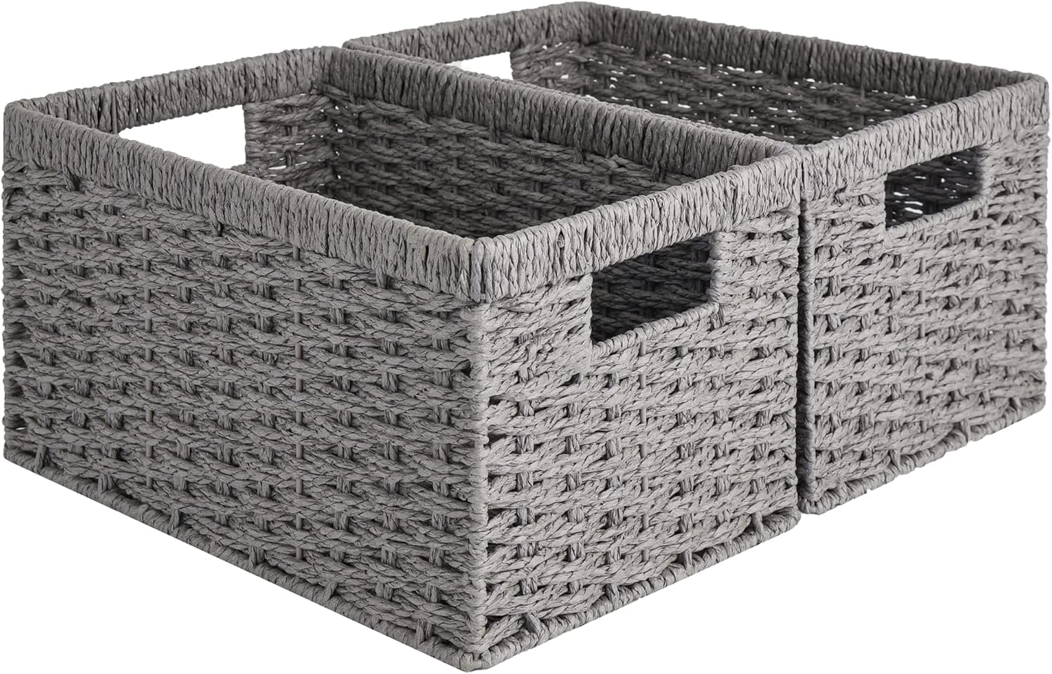 StorageWorks Round Paper Rope Storage Baskets, Rectangular Wicker Baskets with Built-in Handles, Gray, 2-Pack
