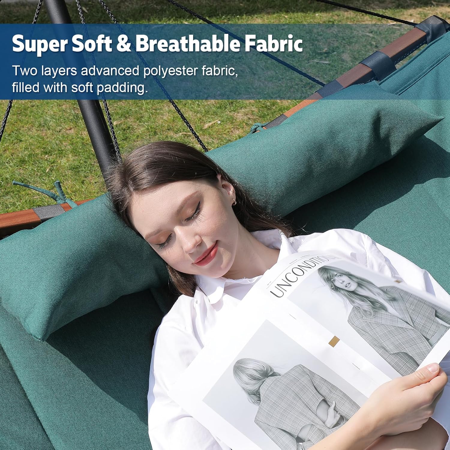 12FT 2 Person Hammock TegerDeger Large Hammock 450LB Capacity with V Shaped Hardwood Spreader Bar & Nylon Rope for Outside, Patio, Garden, Backyard, Beach, Poolside - Dark Green