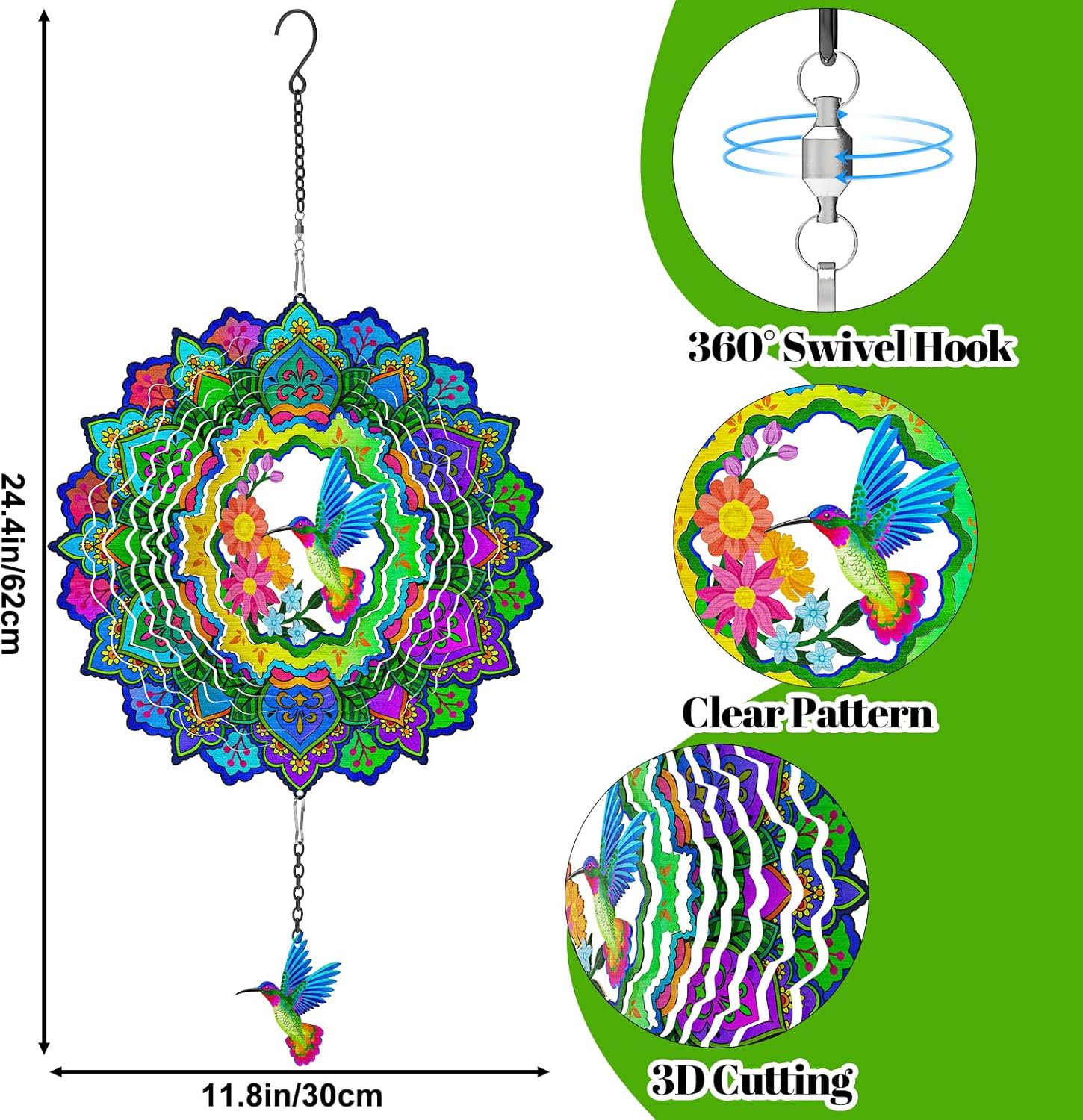 Hummingbird Wind Spinners, 12In Hanging Wind Spinner for Women Mom Grandma, 3D Stainless Steel Laser Cut Wind Sculptures Catcher for Window Outdoor Garden Yard Decor(Colorful)