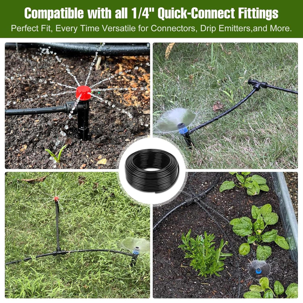 100FT 1/4 Inch Drip Irrigation Tubing with 10 Pack Push-to-Connect 1/4" Tee Connectors, Distribution Drip Line Hose & Universal Tee Fitting, for Drip Irrigation Parts or Drip System and Misting System