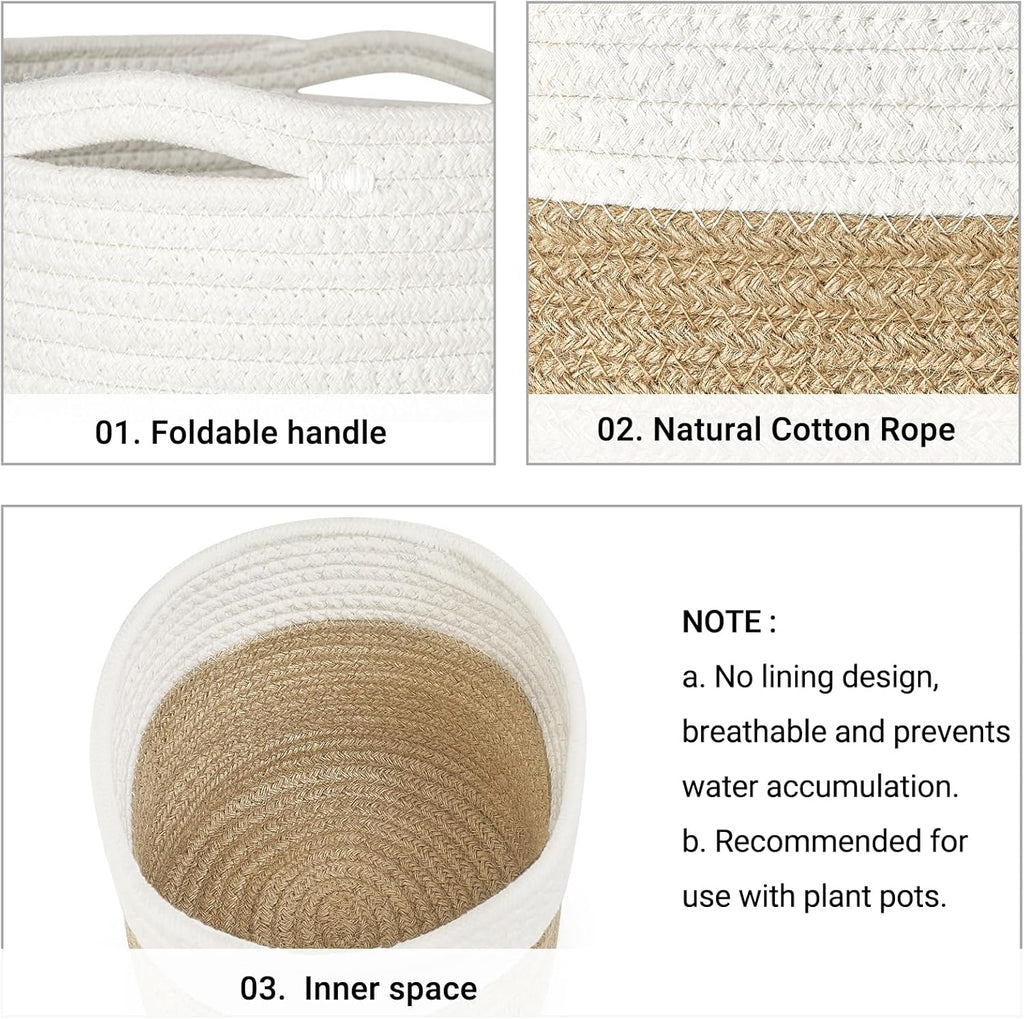 Dahey Small Cotton Rope Plant Basket Woven Plant Coiled Basket for Up to 7" Planter, Decorative Flower Pot Cover Closet Storage Bin Table Desk Organizer for Home Decor, White and Beige