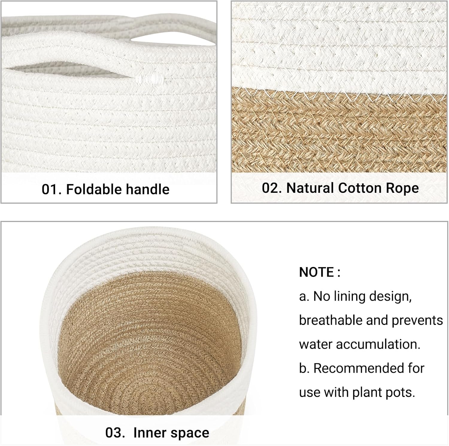Dahey Small Cotton Rope Plant Basket Woven Plant Coiled Basket for Up to 7" Planter, Decorative Flower Pot Cover Closet Storage Bin Table Desk Organizer for Home Decor, White and Beige