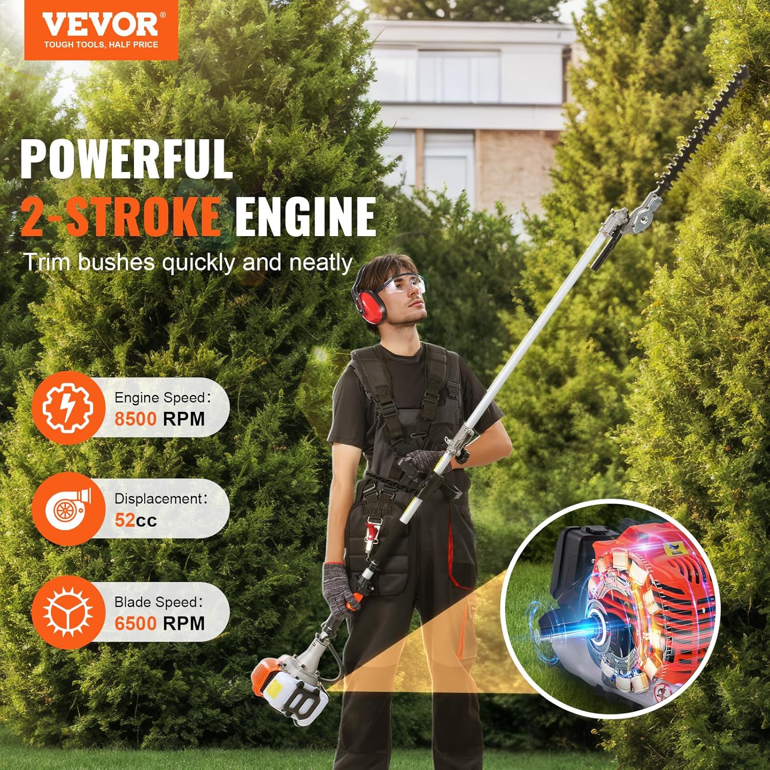 VEVOR 52cc Gas-Powered 6-in-1 Multi-Functional Trimmer - Hedge Trimmer, Brush Cutter, Weed Eater, Edger, Pole Saw & Chainsaw Pruner, EPA, CE & EMC Certified