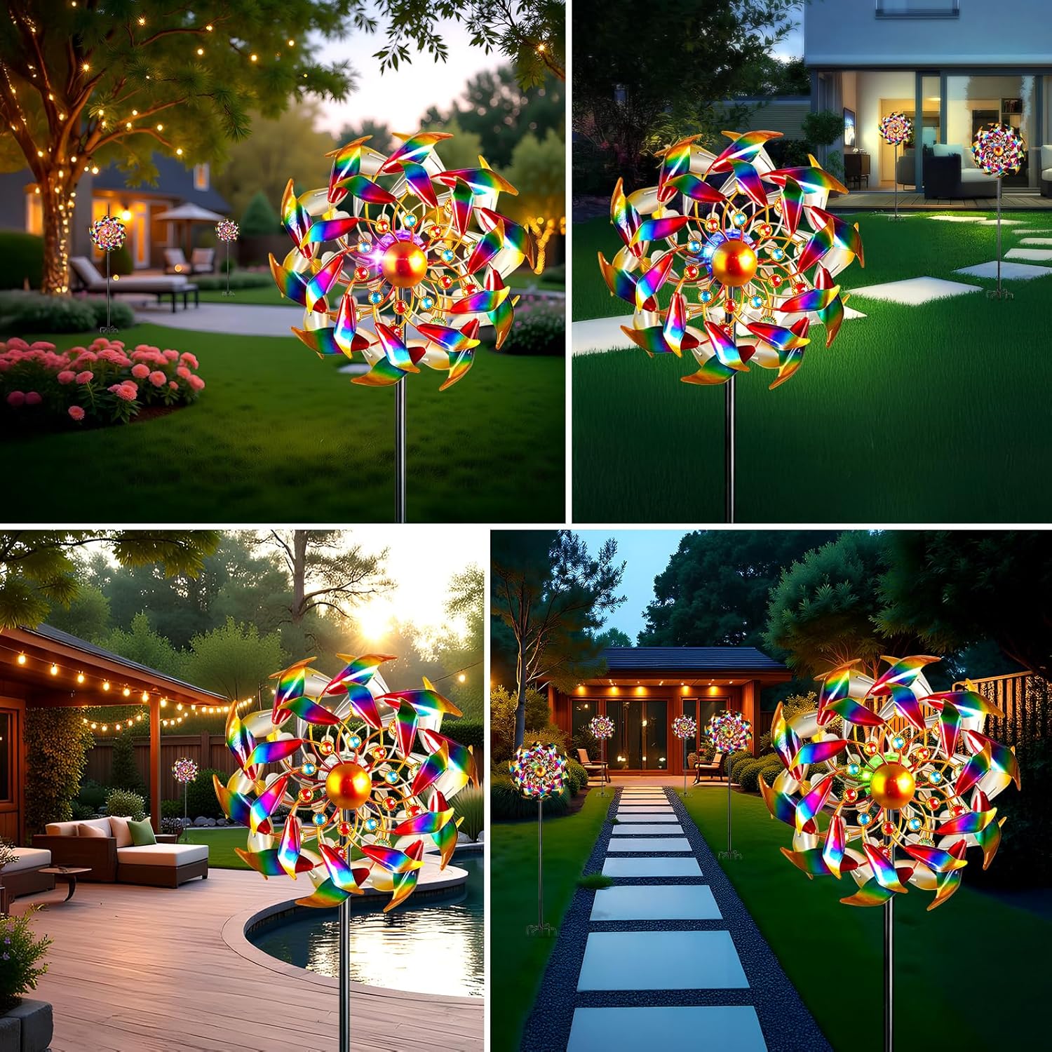 Solar Wind Spinners for Yard and Garden - 360° Metal Large Wind Sculptures Outdoor Clearance Kinetic Windmills with 4 Layer Jeweled Blades for Patio, Lawn Garden Decoration - 54Inch