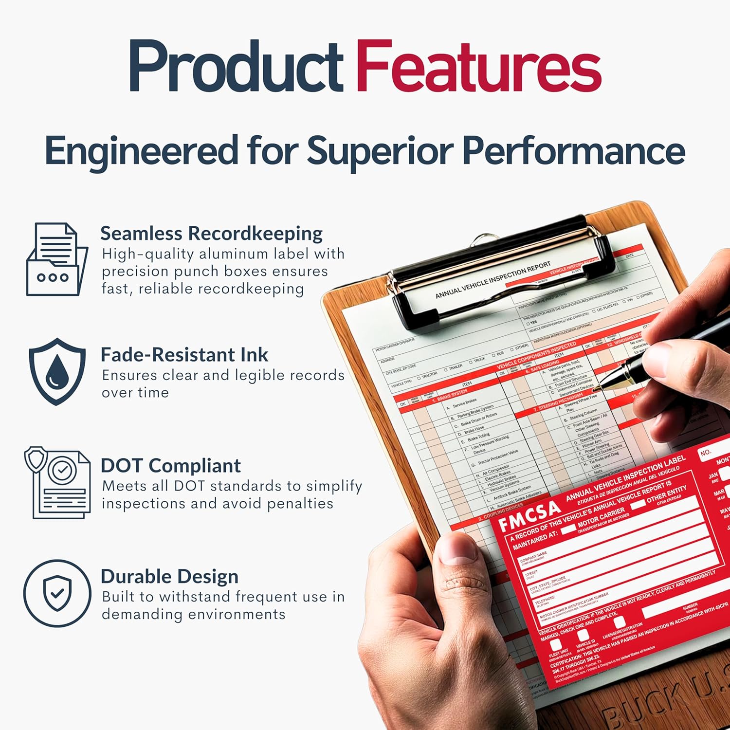 10 Pack Buck Aluminum Annual Vehicle Inspection Label with Punch Boxes, 2 Mil Red FMCSA Self Adhesive Sticker, DOT Compliant, Weatherproof, Tear Resistant, Easy to Write On, 6" x 3.5" - Made in USA