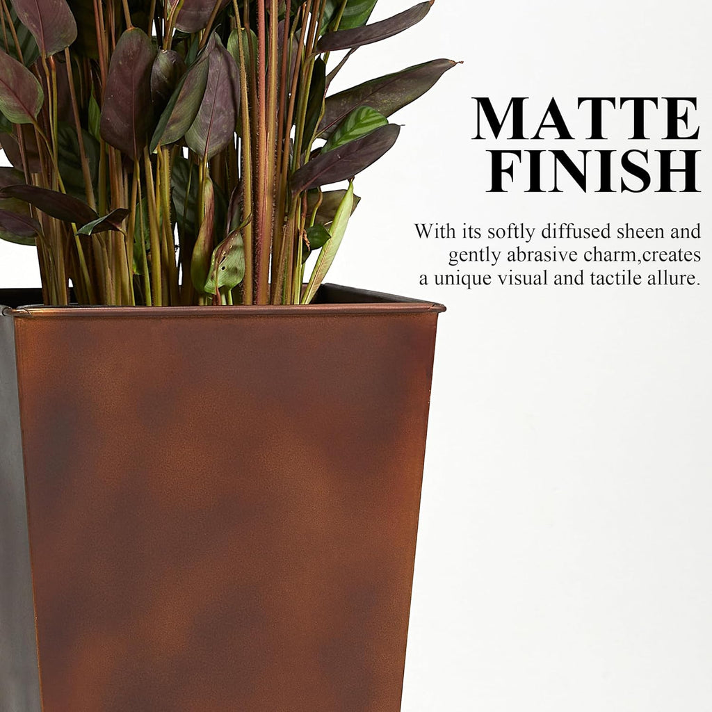 Worth Garden Large Metal Planter Set of 2 (25" & 28" H.), Matte Bronze Retro Finish Tall Square Tapered Steel Plant Pots, Decor Flower Pot Indoor & Outdoor, Drainage Hole & Dual-Purpose Plant Saucer