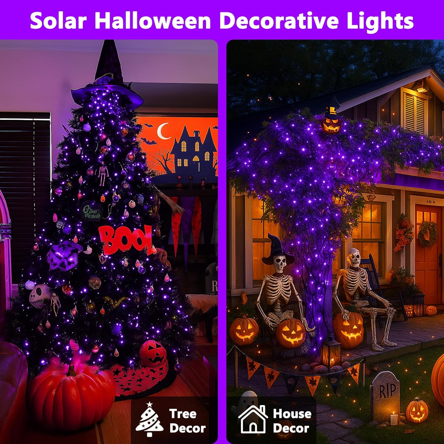 4 Pack Purple Solar Halloween Lights Outdoor Waterproof, 180FT 320 LED Solar String Lights with Green Wire 8 Modes Solar Fairy Twinkle Light for Tree Bush Garden Horror Party Halloween Decorations