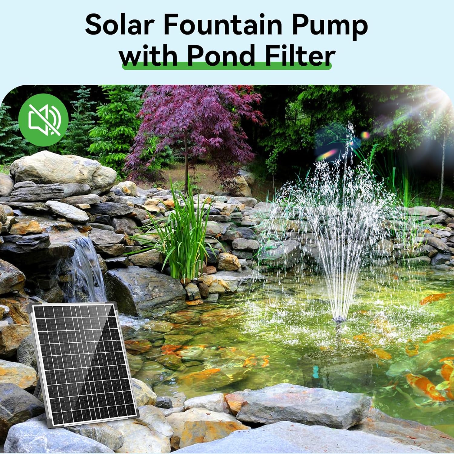 POPOSOAP 30W Solar Pond Filter with Fountain Pump, Pond Filters for Outdoor Ponds with 430GPH Pond Pump & 4 Fountain Heads and 6.5Ft PVC Tubing for Garden Water Features Waterfall Koi Pond