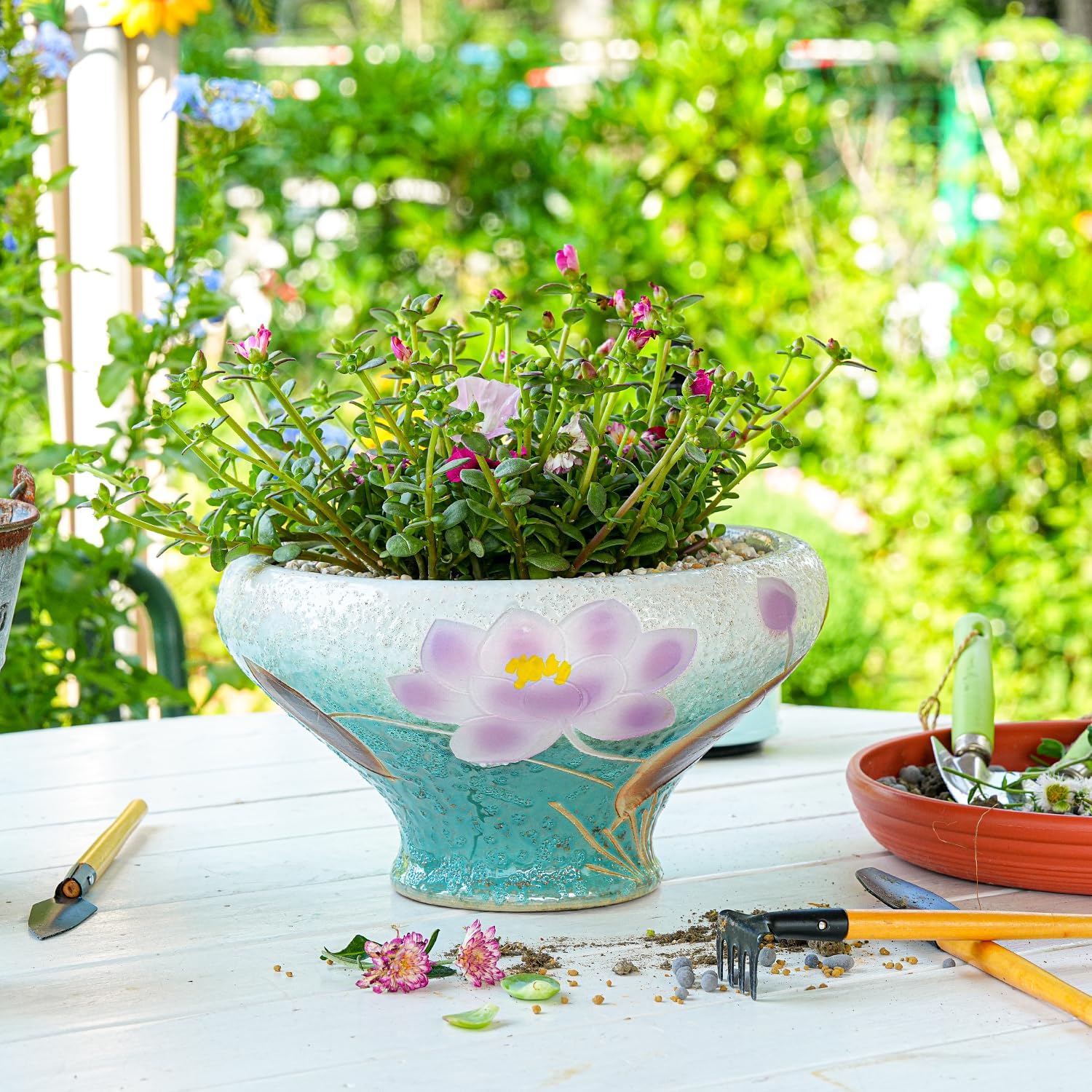 Sungmor 9.6 Inch Large Succulent Plant Pots, Pretty Hand Painted Ceramic Planter with Drainage, Indoor Outdoor Cactus Planter Bonsai Pot, Flower Pot for Indoor Plants Garden Windowsill Desktop Decor