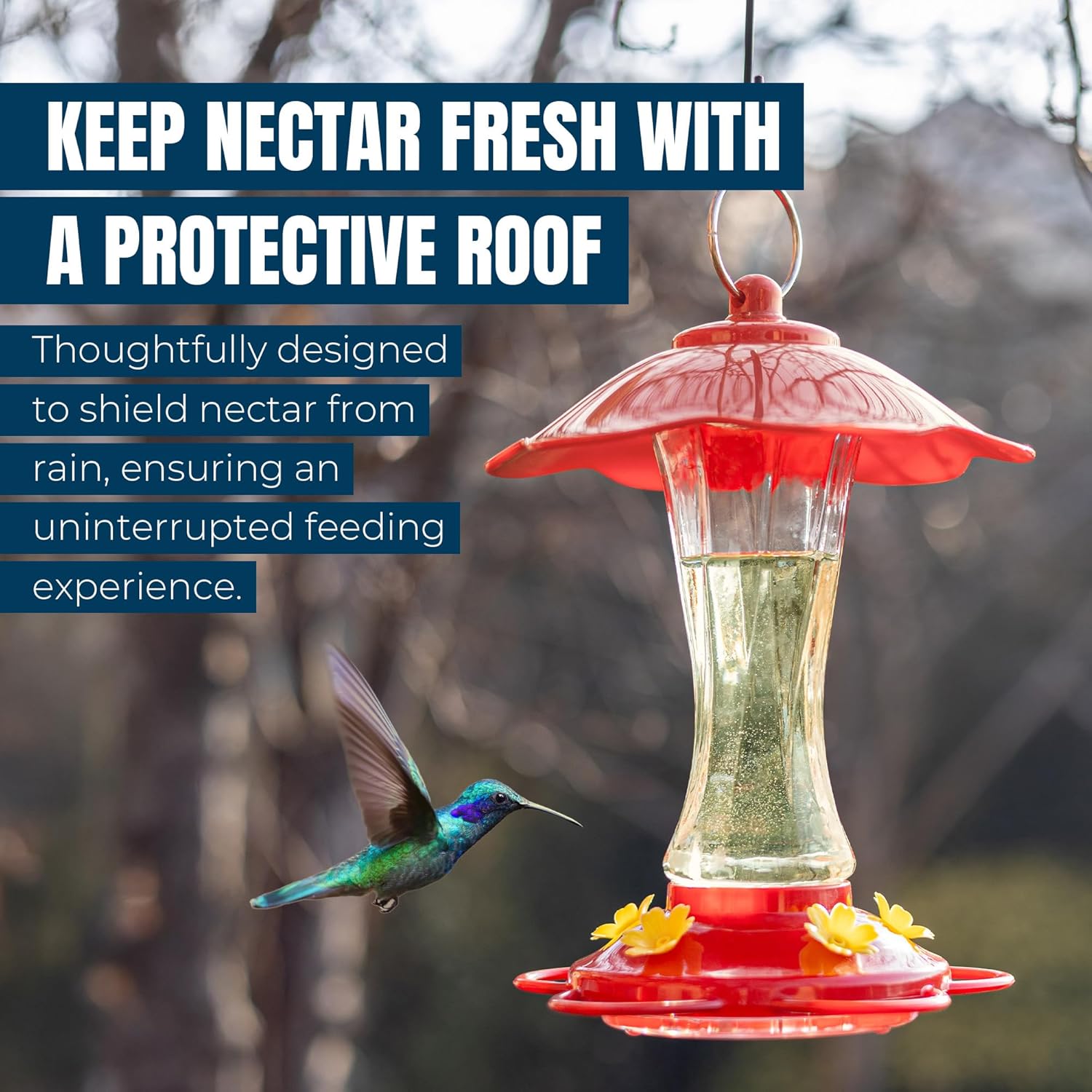 MEKKAPRO Hummingbird Feeders for Outdoors Glass - Red Hummingbird Feeders for Outdoors, Metal Ring, Bee-Proof Design, Easy Assembly, Red Hummingbird Feeder 10 oz