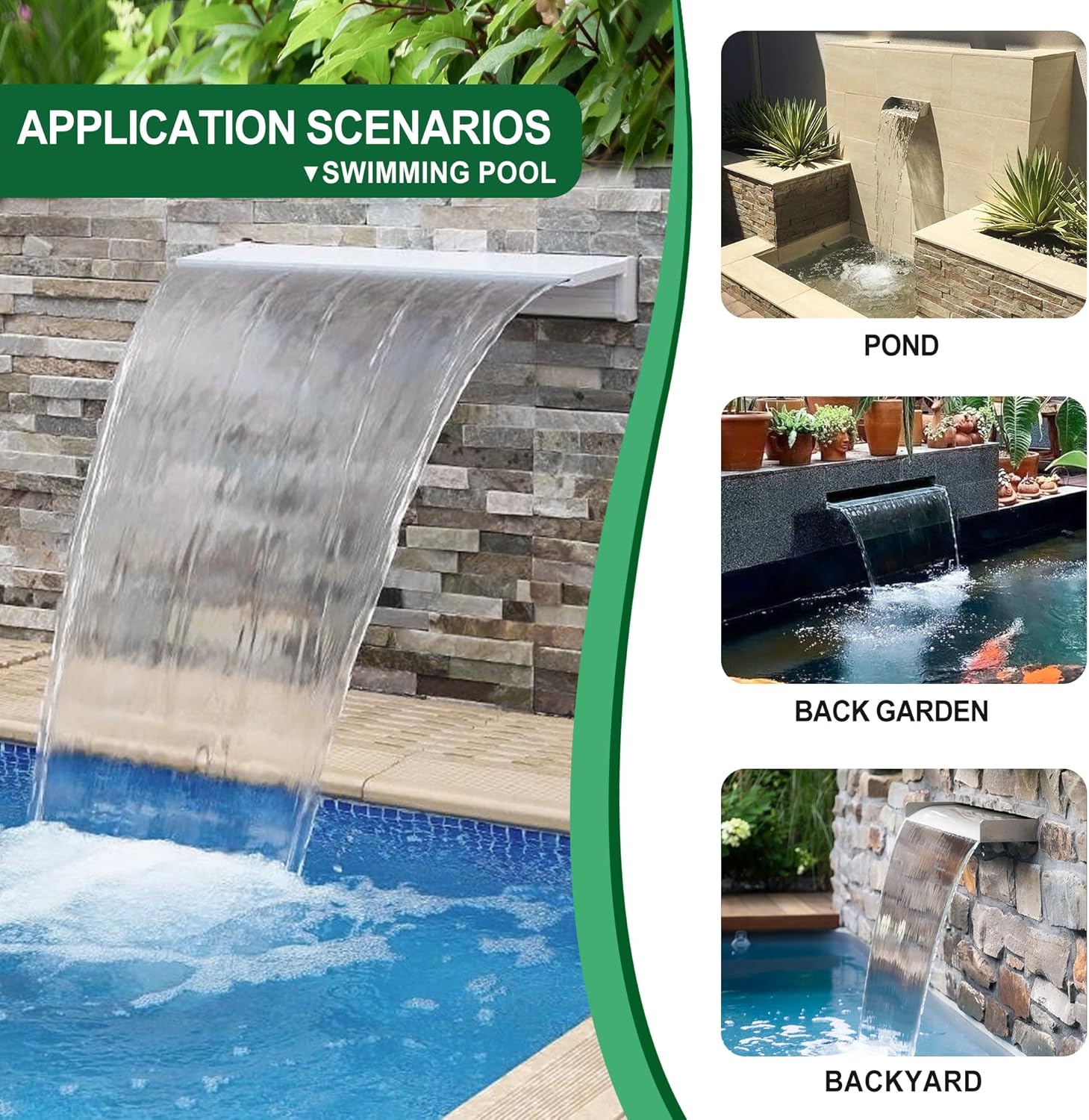 Waterfall Pool Fountain, LONGRUNNEW Stainless Steel Waterfall Spillway with Pipe Connector Kits for Outdoor/Indoor Decorative, 35.4 Inches Pool Water Feature for Garden Patio, Backyard Koi Pond Decor