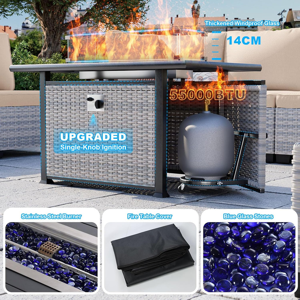 18-Piece Patio Furniture Set, Outdoor Patio Furniture with 55,000 BTU Fire Pit Table, Swivel Chairs Set, Thick Cushions, Modular Patio Sofa, Dual-Strand Wicker Rattan, Rust-Resistant Frame,Khaki