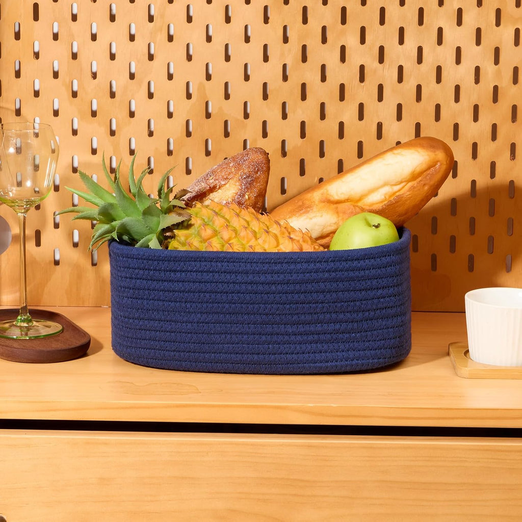 Small Storage Baskets for Organizing | Closet Organizer Bins | Shelf Toy Basket | Woven Rope Baskets | Cube Decorative Box | Shallow Basket | 11.5x7.5x4.7” | 4 Packs Navy Blue