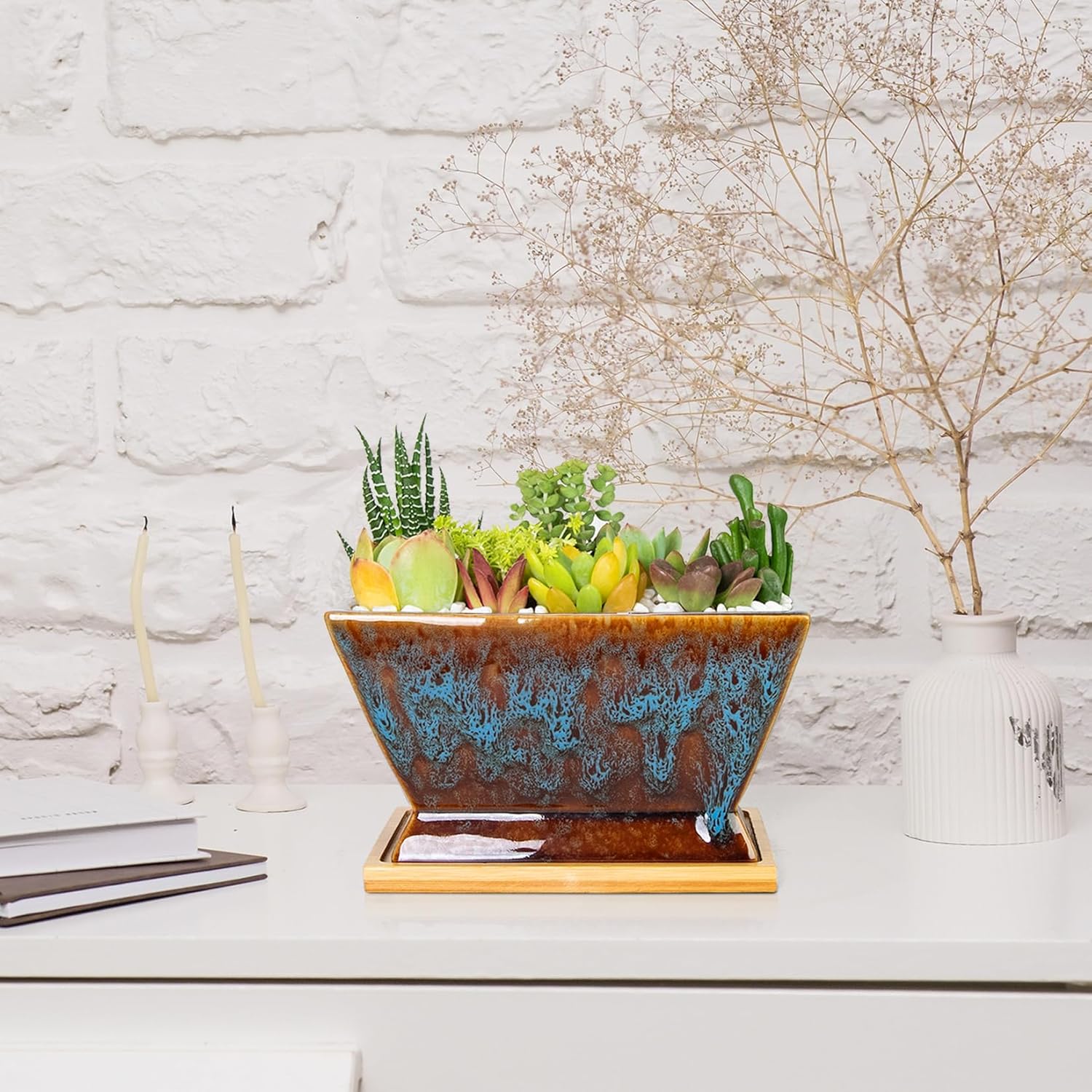 ARTKETTY Succulent Pots - 7 Inch Large Plant Pot with Drainage Tray, Shallow Ceramic Pots for Indoor Plants, Modern Cactus Bonsai Plant Container Decorative Home Office