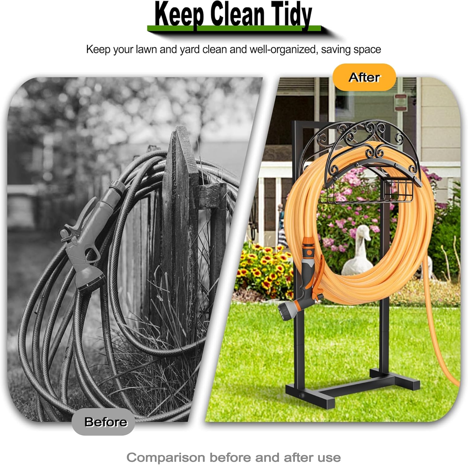 Upgraded Garden Water Hose Holder - Holds Upto 150 Feet, Heavy-Duty Freestanding Metal Stand, Detachable Hose Hanger Storage Rack for Outside Yard Lawn