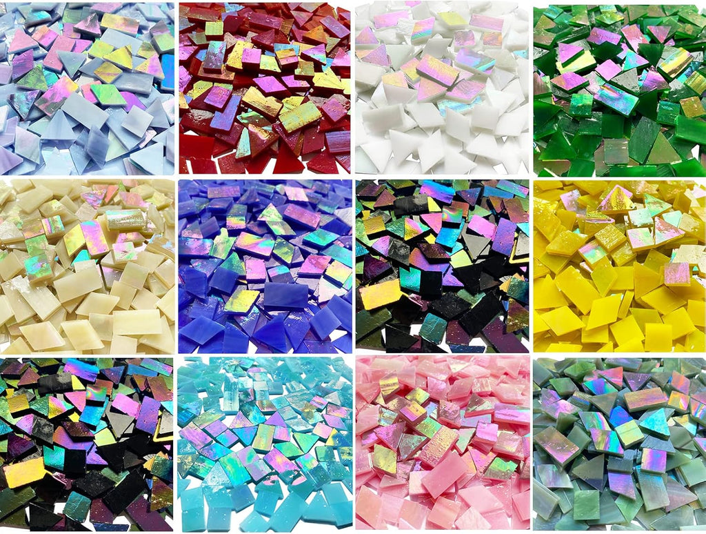 510 Pieces Iridescent Glass Mosaic Tiles for Crafts, Mixed 4 Shapes Colorful Stained Glass Pieces Supplies for Mosaic Projects, KALUCION Mosaic Kit for Adults, Assorted Rainbow Colors
