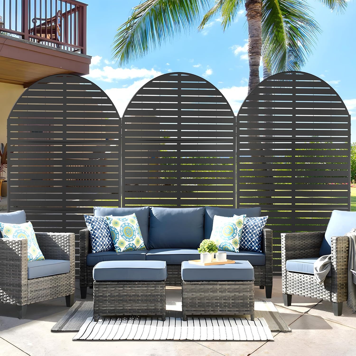 Metal Privacy Screen Outdoor 72" H×47" W,Freestanding Decorative Privacy Screen for Balcony Yard&Garden, Arched Privacy Fence-Black&Louvered