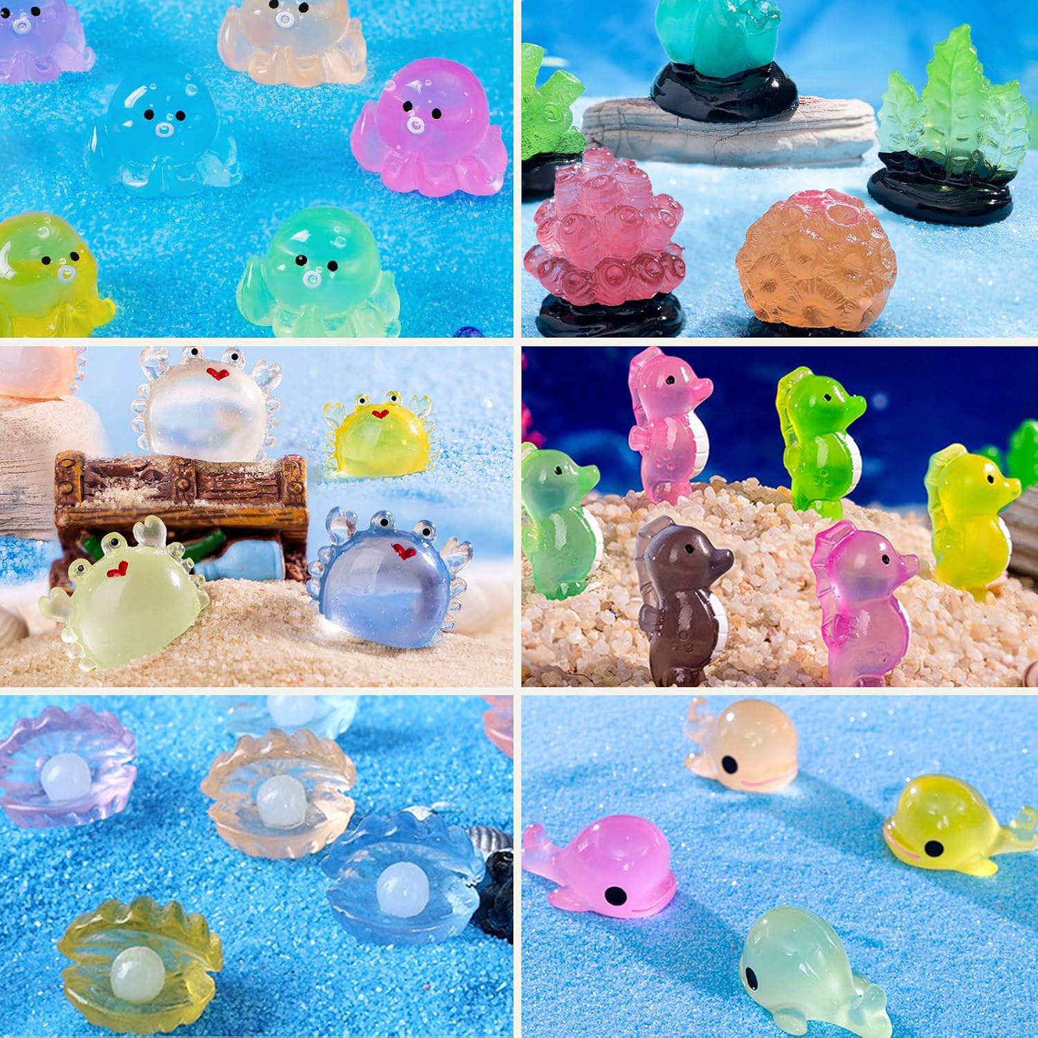 Luminous Mini Resin Animals Figures to Hide, 72 PCS Small Animal Figurines Tiny Plastic Animals Bulk Glow in The Dark, Little Ducks Miniature Turtles Micro Unicorns for Fairy Garden Aquarium Decor