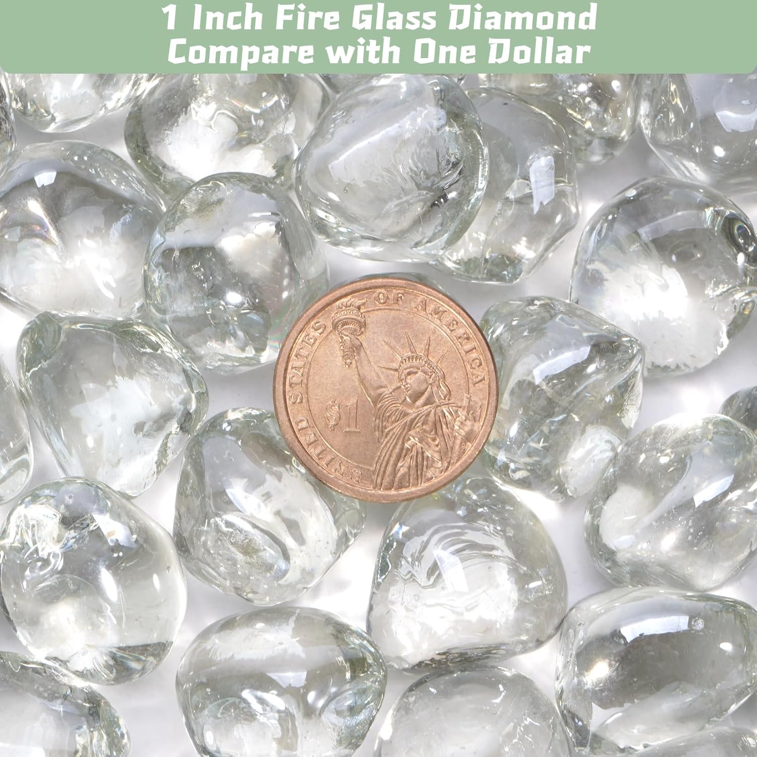 20 Pounds Fire Pit Glass Rocks, Clear Fire Glass Beads for Propane Firepit, Fireplace and Outdoor Decoration, 1 Inch, Diamond - Shaped