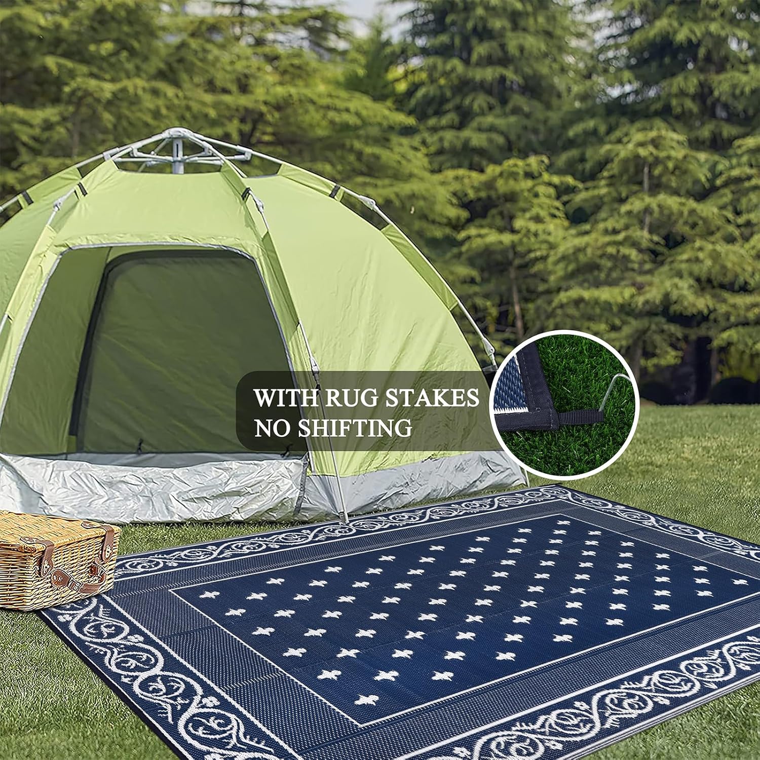 Pauwer Waterproof Outdoor Rug 6x9, Reversible Plastic Straw Patio Camping Rug, Indoor Outdoor RV Mat Carpet for Deck, Camper, Porch, Balcony, Backyard, Picnic, Bordered Navy
