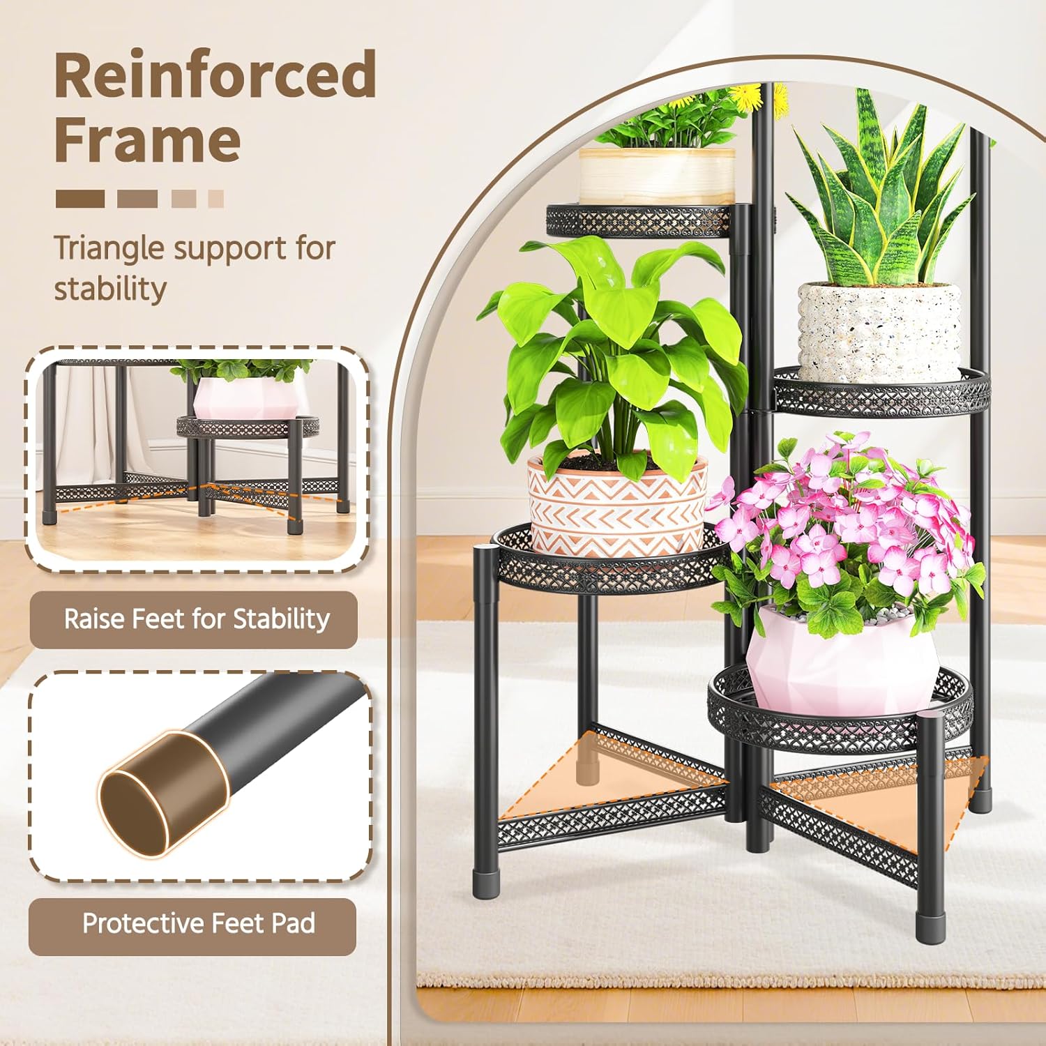 LASZOLA 5 Tiered Folding Tall Plant Stand Indoor Outdoor for Large Planter, Heavy Duty Metal Adjustable Multiple Flower Rack for Corner, Wrought Iron High Spiral Holder for Modern House Patio, Black