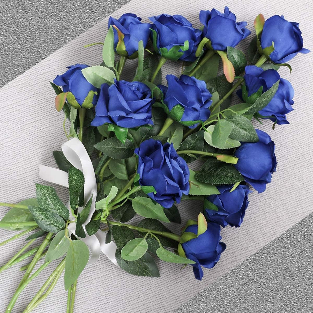 Hawesome 12PCS Artificial Silk Flowers Realistic Roses Bouquet Long Stem for Home Wedding Decoration Party (Blue 1)