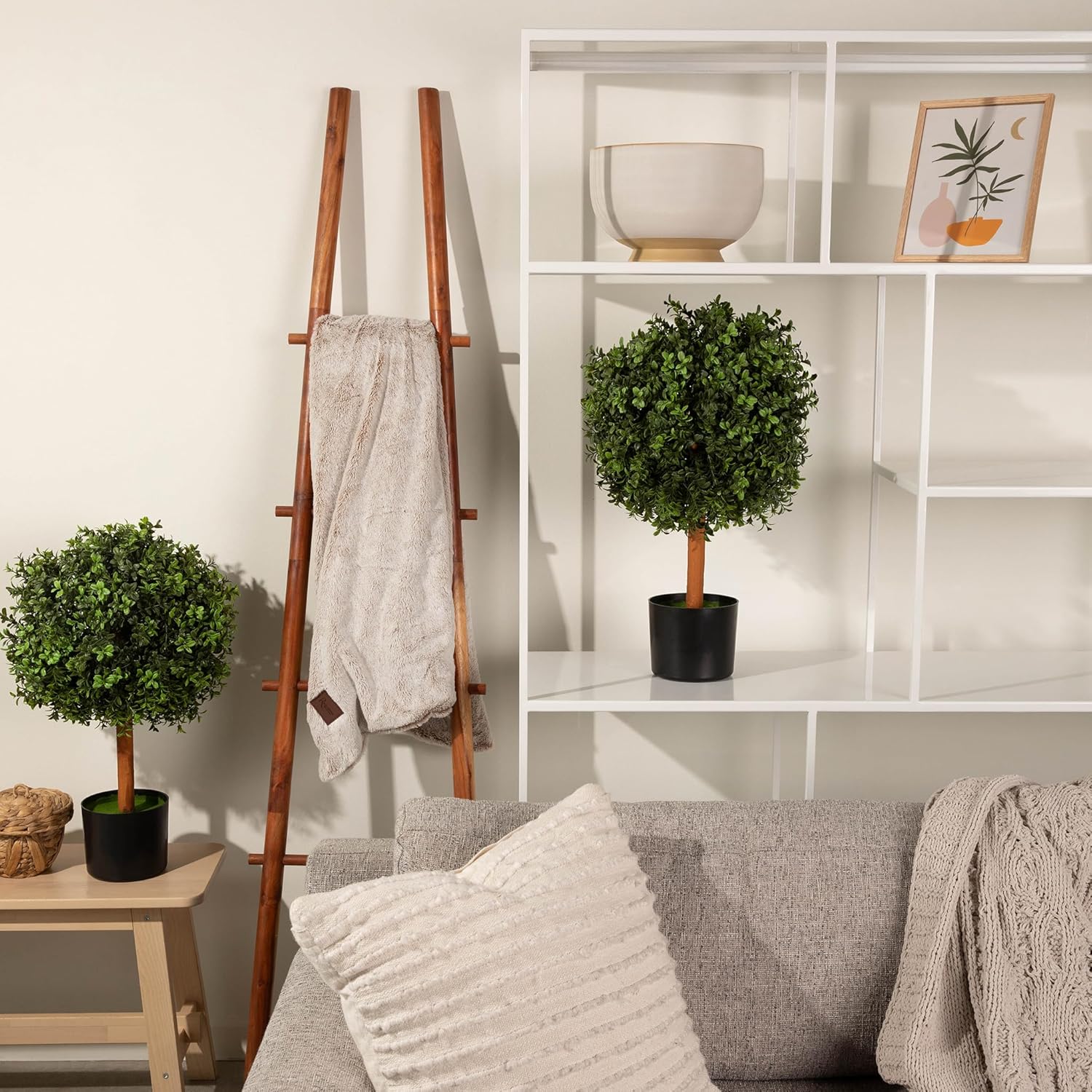 Premium 14" Diameter Artificial Boxwood Topiary – Set of 2 Faux Plants in Black Decorative Planters – UV-Resistant, Weatherproof, Realistic Outdoor & Indoor Greenery Accent