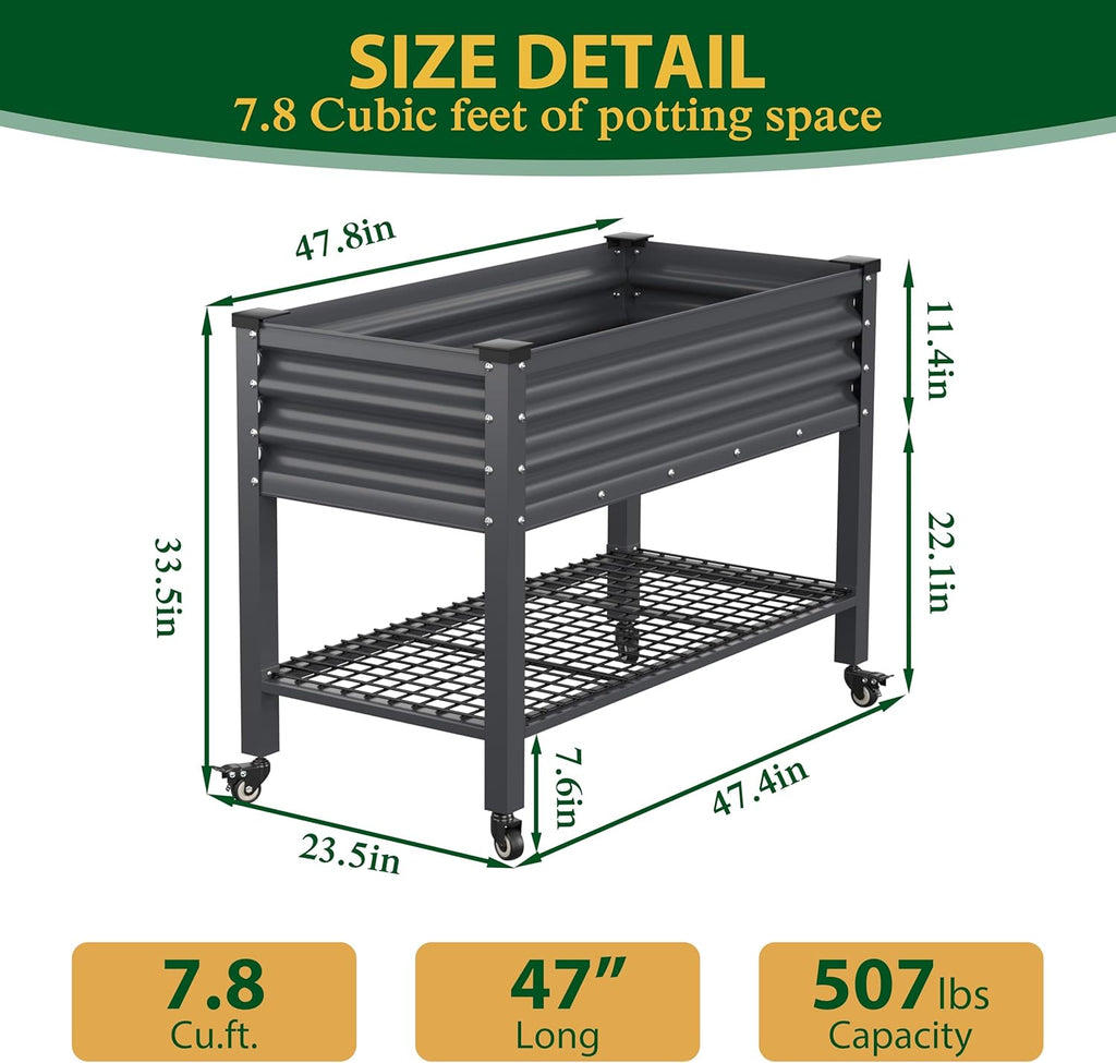 MUPATER Galvanized Steel Raised Garden Bed, 47.8" L x 23.5" W x 33.5" H Large Metal Elevated Raised Planter Box with Rolling Casters & Extra Bottom Shelf for Backyard, Patio, Balcony, Gray