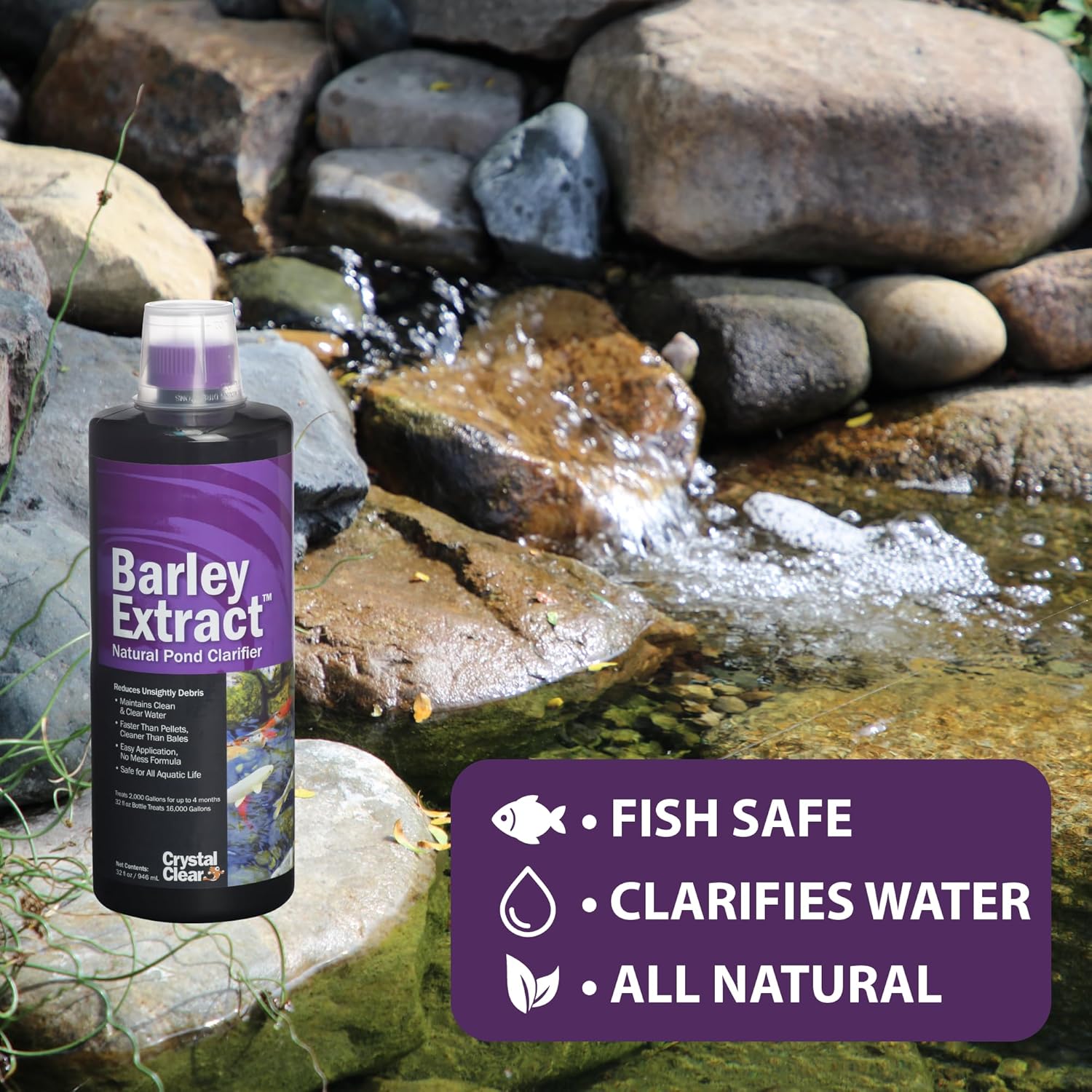 CrystalClear Barley Extract Water Garden & Fountain Clarifier, Natural Liquid Concentrate to Treat Cloudy Ponds, Koi Fish, Plant & Pet Safe, 16 Ounces