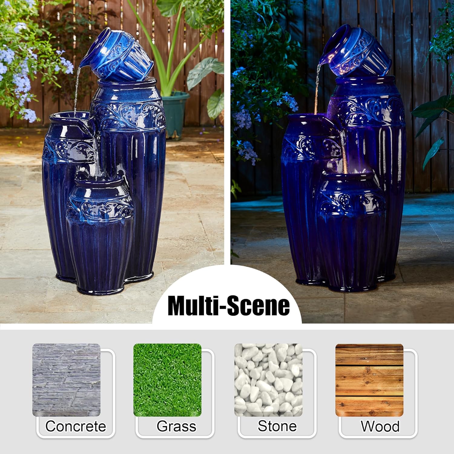 Glitzhome 35.5" H Oversized Outdoor Water Fountain with LED Lights and Pump, 4 Tier Cobalt Blue Embossed Pattern Ceramic Pots Cascading Floor Standing Fountain for Porch Deck Garden Patio Backyard