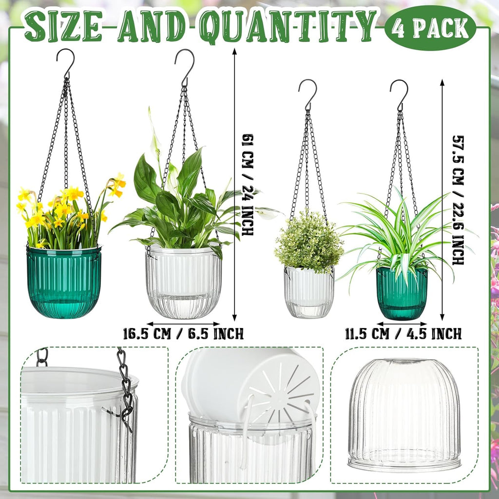 Maxcheck 4 Pcs Self Watering Hanging Planters Indoor Gift 6.5'' 4.5'' Hanging Flower Pots Baskets Outdoor Self Watering Plant with 3hooks Drainage Holes for Home(Emerald,Clear)