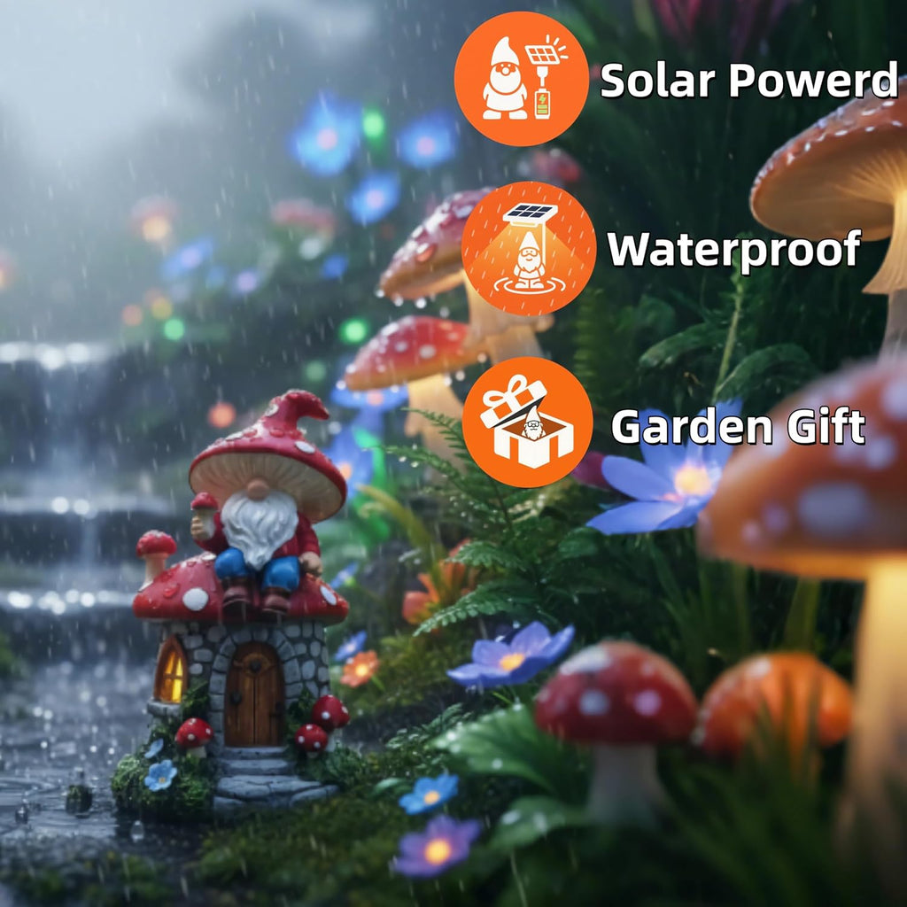 Mushroom Fairy Garden Houses, Miniature Gnomes Village Statue, Solar Figurine LED Decor for Yard Patio Lawn Proch Outside, Christmas Birthday Housewarming Gifts for Women Mom Grandma Kids