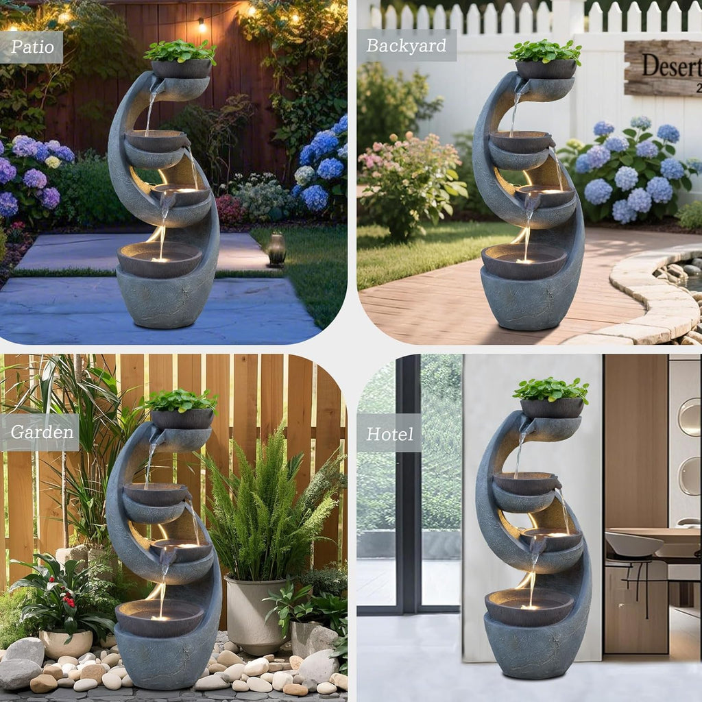 Outdoor Waterfall Fountain with LED Lights and Pump for Garden, Patio, Yard - 43.7 Inch UV-Resistant Freestanding Water Feature