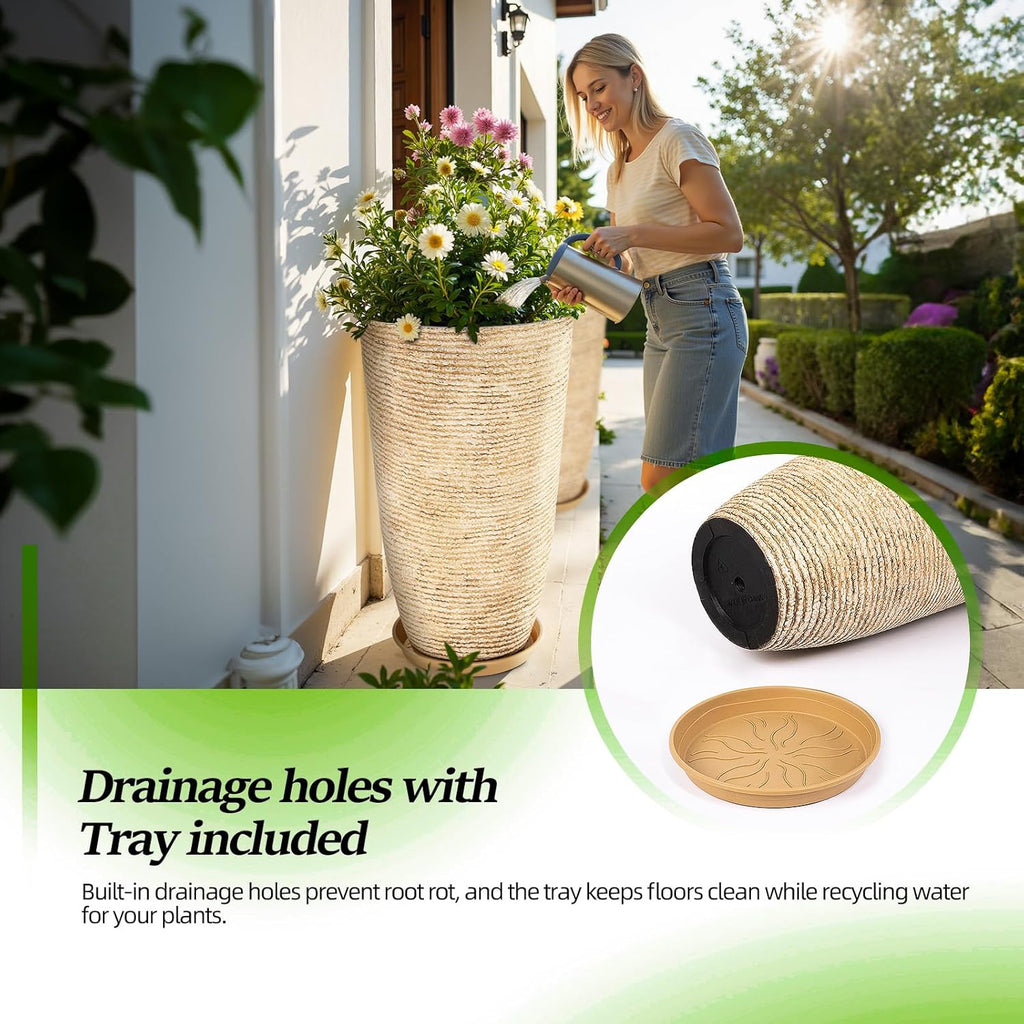 QCQHDU 9 Gallon Tall Large planters for Outdoor/Indoor Plants of 12" Dia x 21" H Round Flower Pots Set Faux Stone Finish Front Door Patio Square Porch Planters with Tray, Beige
