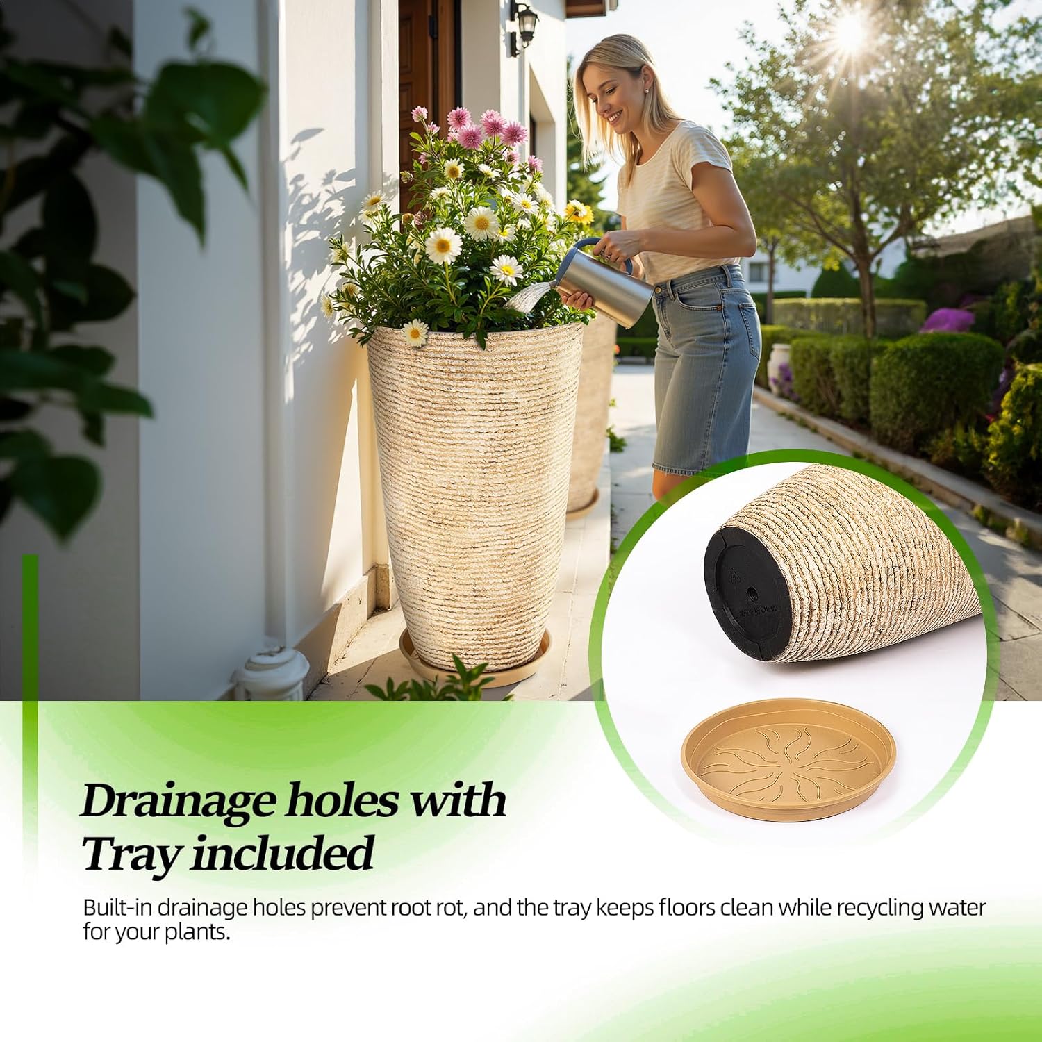 QCQHDU 9 Gallon Tall Large planters for Outdoor/Indoor Plants of 12" Dia x 21" H Round Flower Pots Set Faux Stone Finish Front Door Patio Square Porch Planters with Tray, Beige