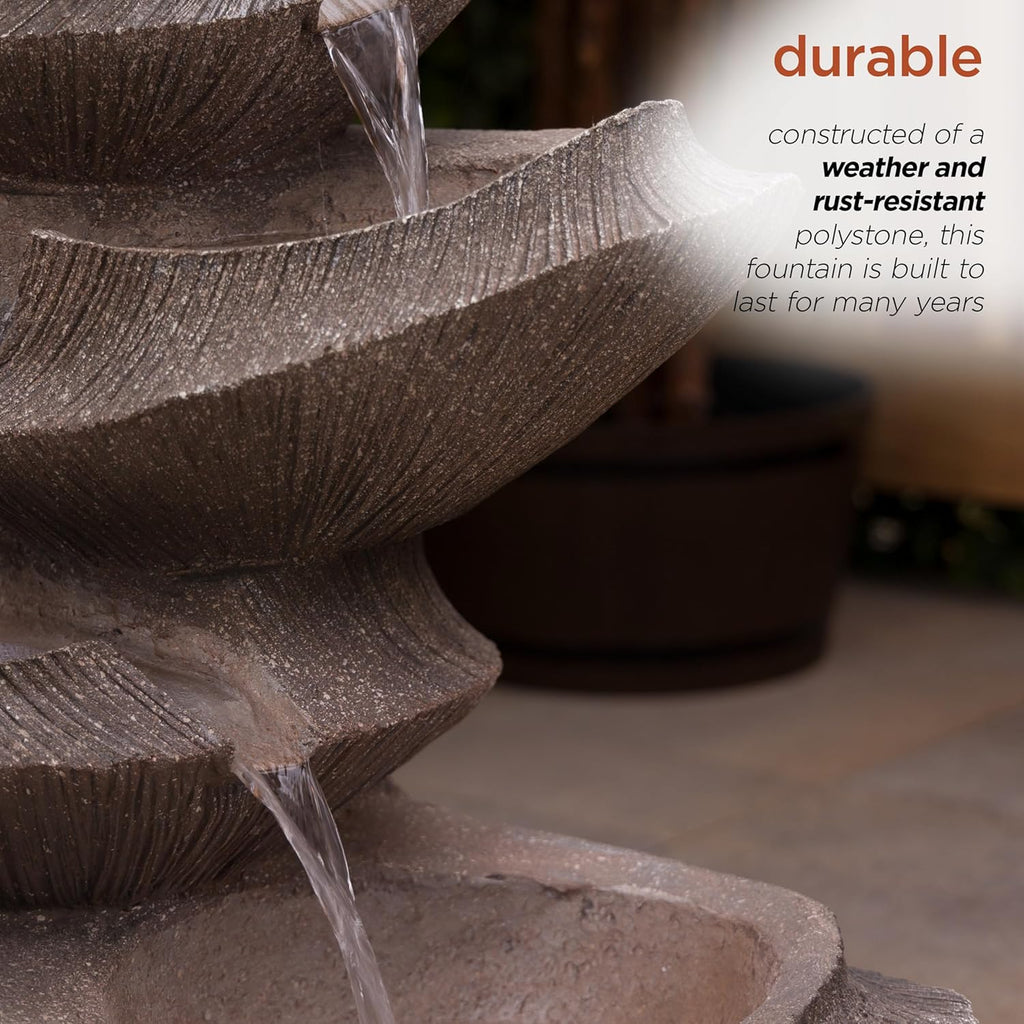 Alpine Corporation WIN1332L-BR Outdoor Floor Tiered Basin Fountain with LED Lights, Modern Basin Garden Fountain 31", Brown