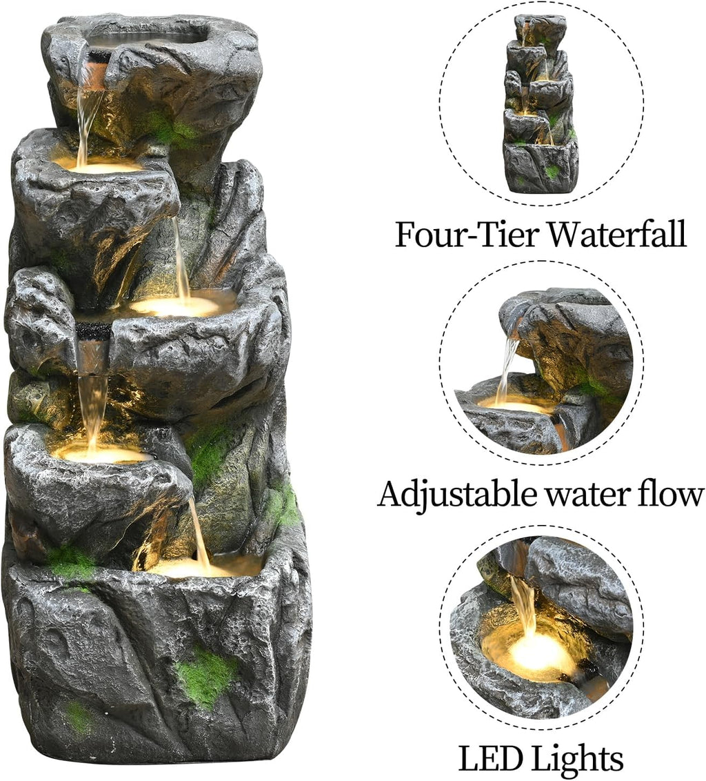 Water Fountain Outdoor 31.59" H Cascading Rock 5-Tier with LED Lights Waterfall for Garden, Landscaping, Patio, Backyard, Balconies, Lawns, Porch and Home Art Decor Living Space