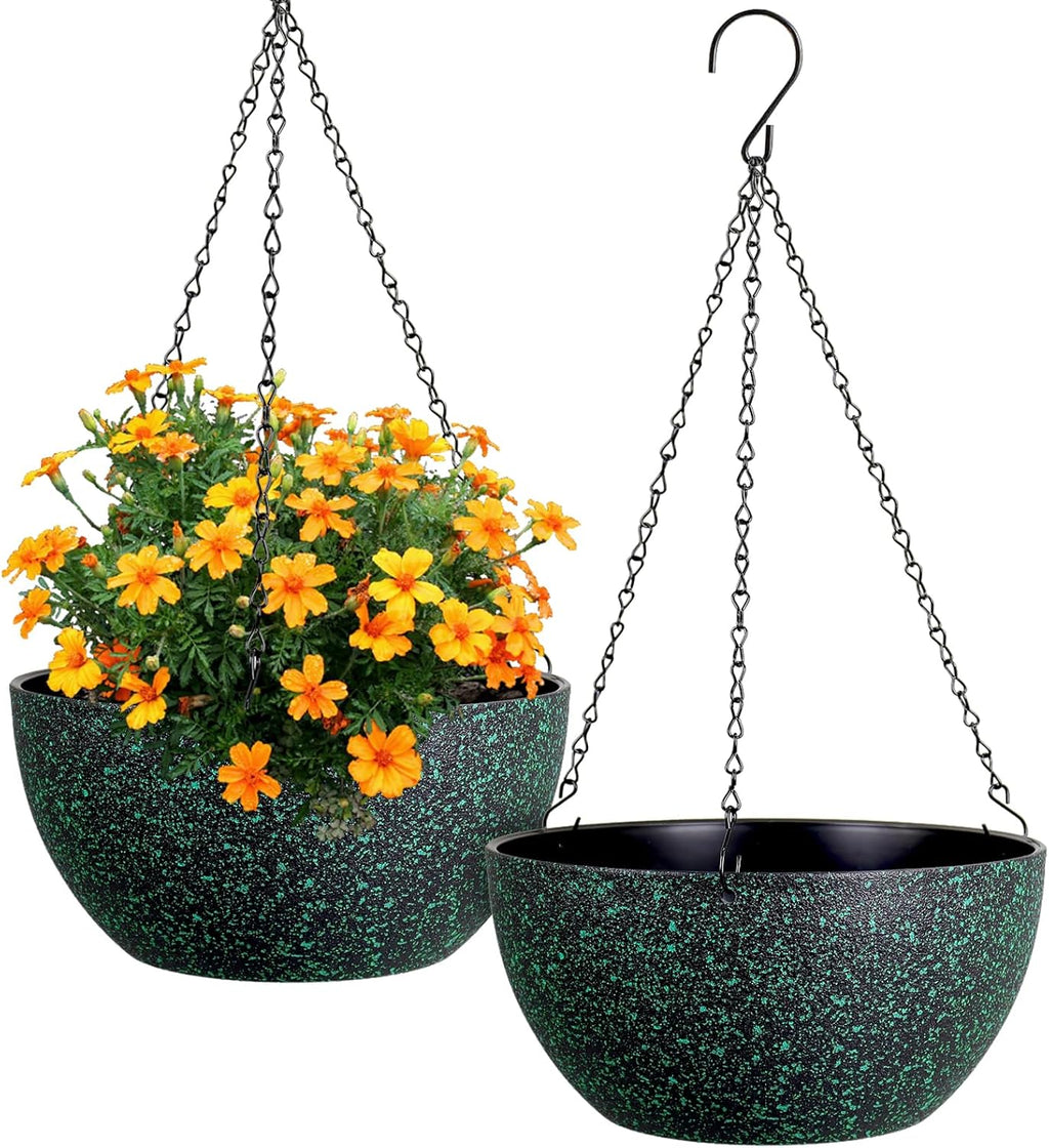 12 inch Large Hanging Planters for Indoor Outdoor Plants, 2 Pack Hanging Flower Pots with Drainage Holes and Chain, Plastic Hanging Baskets for House Plants, Black with Green Speckles