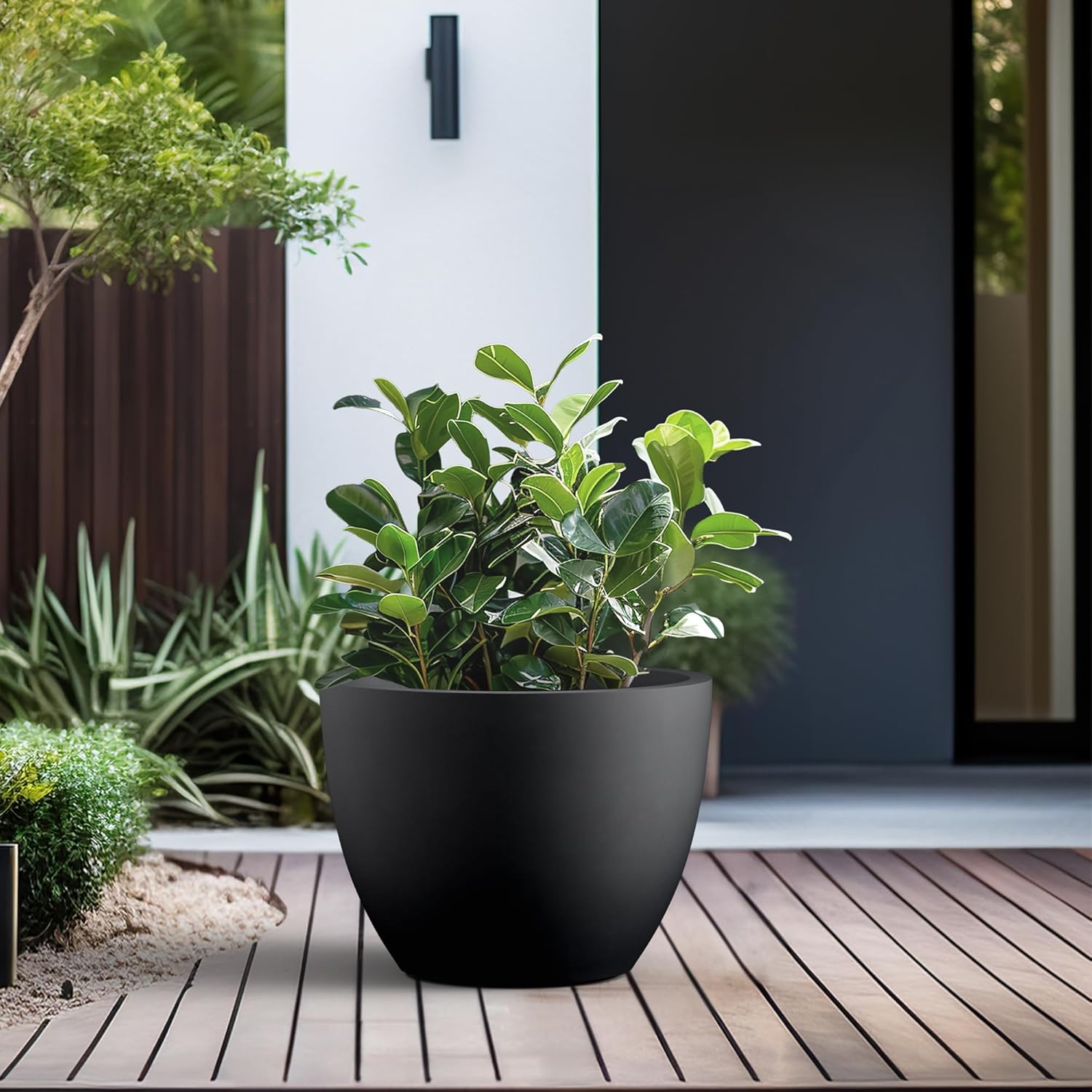 Kante 17.3 Inch Round Concrete Planter - Classic Large Indoor/Outdoor Plant Pot with Drainage Hole and Rubber Plug, Suitable for Gardens and Patios, Black
