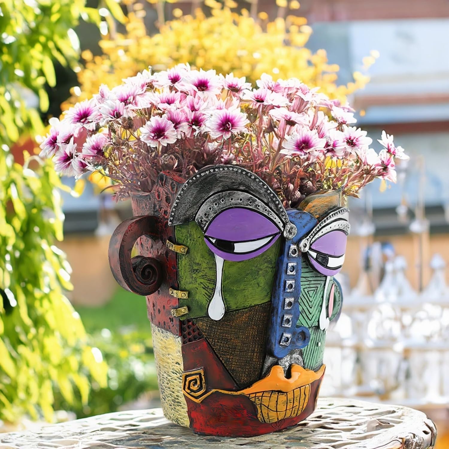 Picasso-Inspired Abstract Face Flower Pot | Unique Head Planter with Drainage Hole | Vibrant Colors & Quirky Art Decor (Tears)