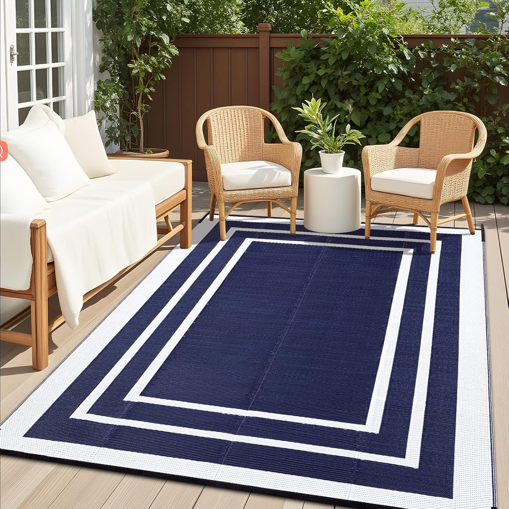 OLANLY Outdoor Rug 9x12 ft Waterproof, Reversible Outdoor Plastic Straw Rug, RV Mat, Indoor Outdoor Carpet Clearance for Patio, Camping, Balcony, Deck, Backyard, Navy & White