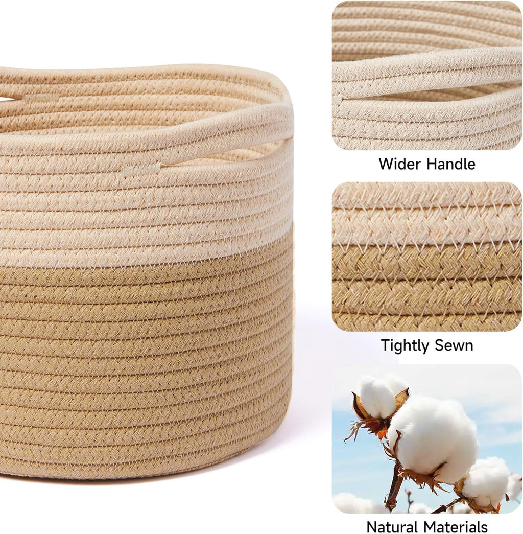 Small Basket for Organizing | Cube Shelf Closet Storage Baskets | 9.7×9.7×7.1” | Woven Rope Gift Basket | Nursery | Round 3 Packs Tan