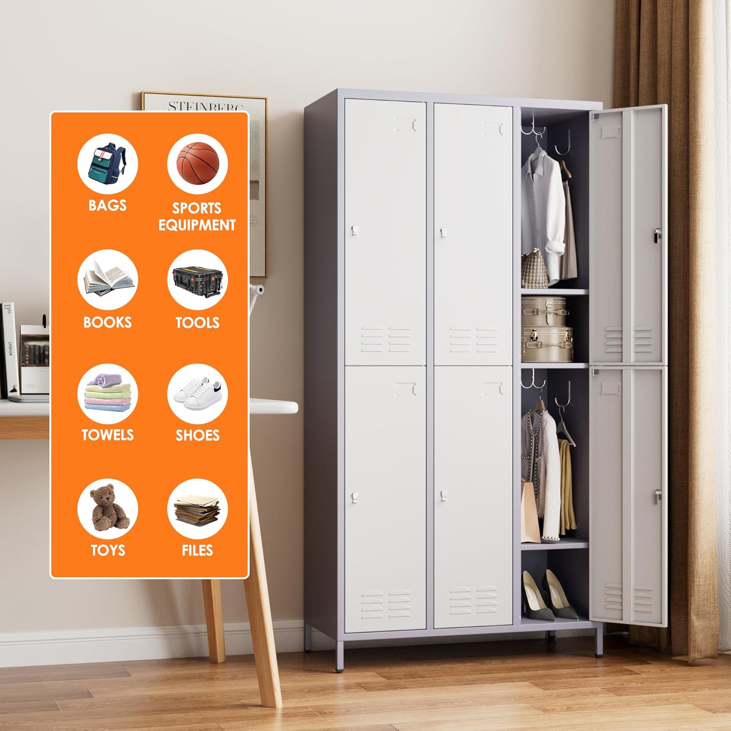 6 Doors Metal Lockers for Employees with 6 Shelves and 18 Hooks, Storage Locker with Business Card Holder for Office Gym School Bedroom, Assembly Required, White and Gray