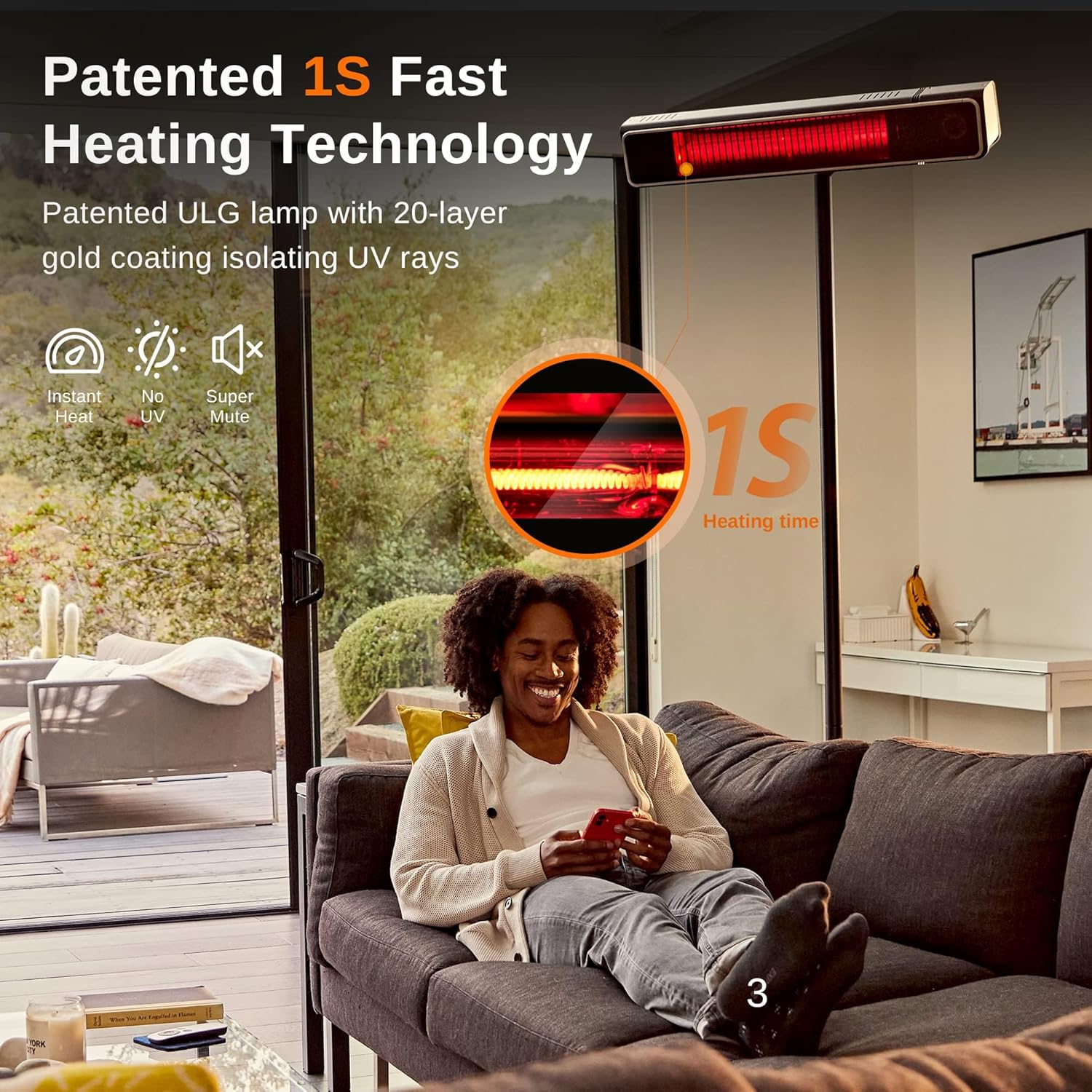 EAST OAK 1500W Electric Patio Heater, Indoor/Outdoor Standing Heater with Nano Glass-Ceramic, Fast Heat, Waterproof, 3 Modes, 24H Timer, Safety Tip-Over & Overheat Protection