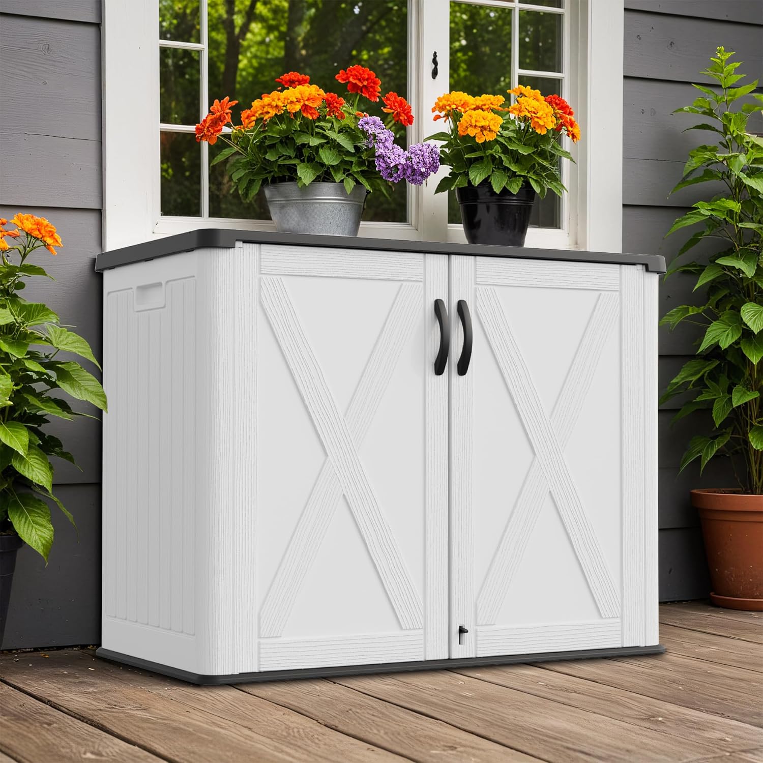 Greesum Outdoor Storage Cabinet, 25 Cu.Ft Deck Box Without Shelves, Waterproof Plastic Storage Bin for Patio Cushions, Gardening Tools, Lockable and Sidehandles, UV Resistant, White
