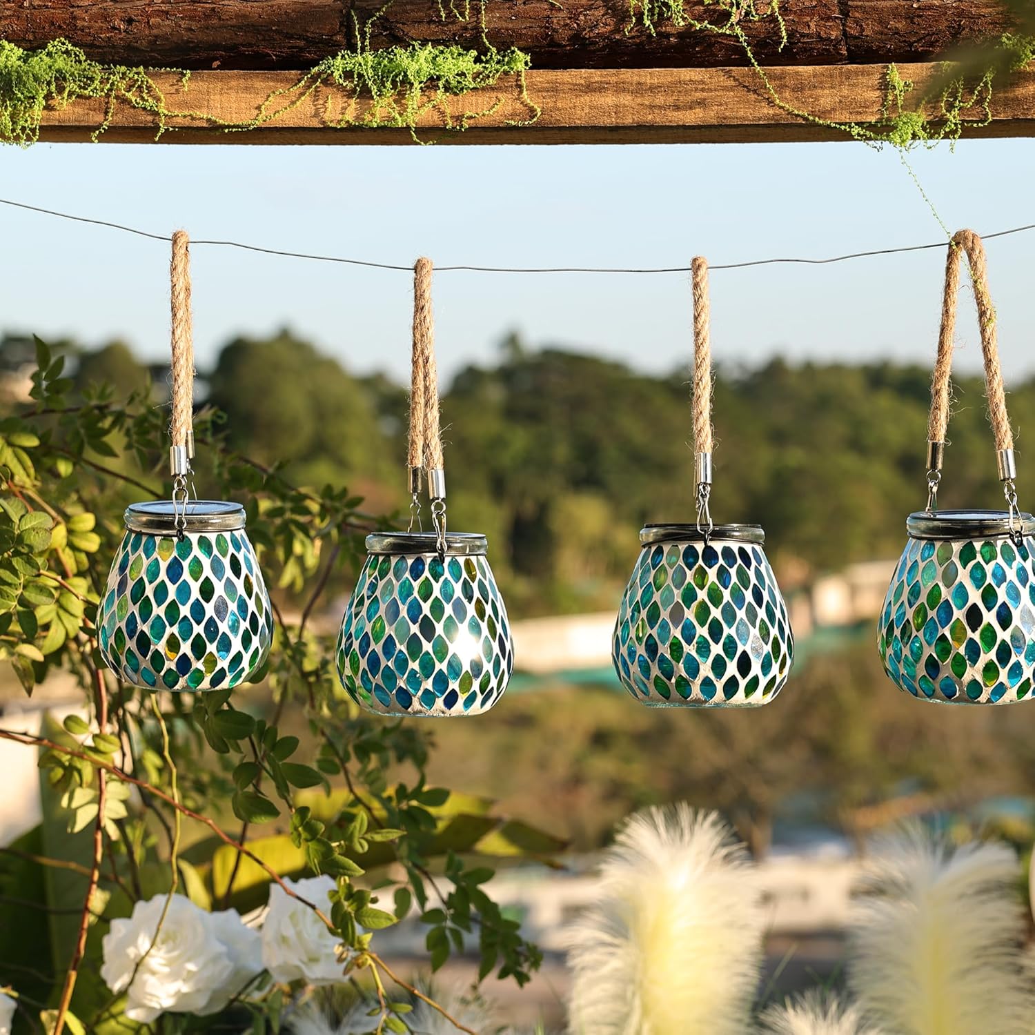 Cooo 2 Pack Mosaic Solar Lantern Outdoor Waterproof IP68 Hanging Projection Light Hidden Lid Pear-Shaped Lantern with Rope Handle Solar Powered Auto On for Patio Garden Fence Table - Azure Lattice