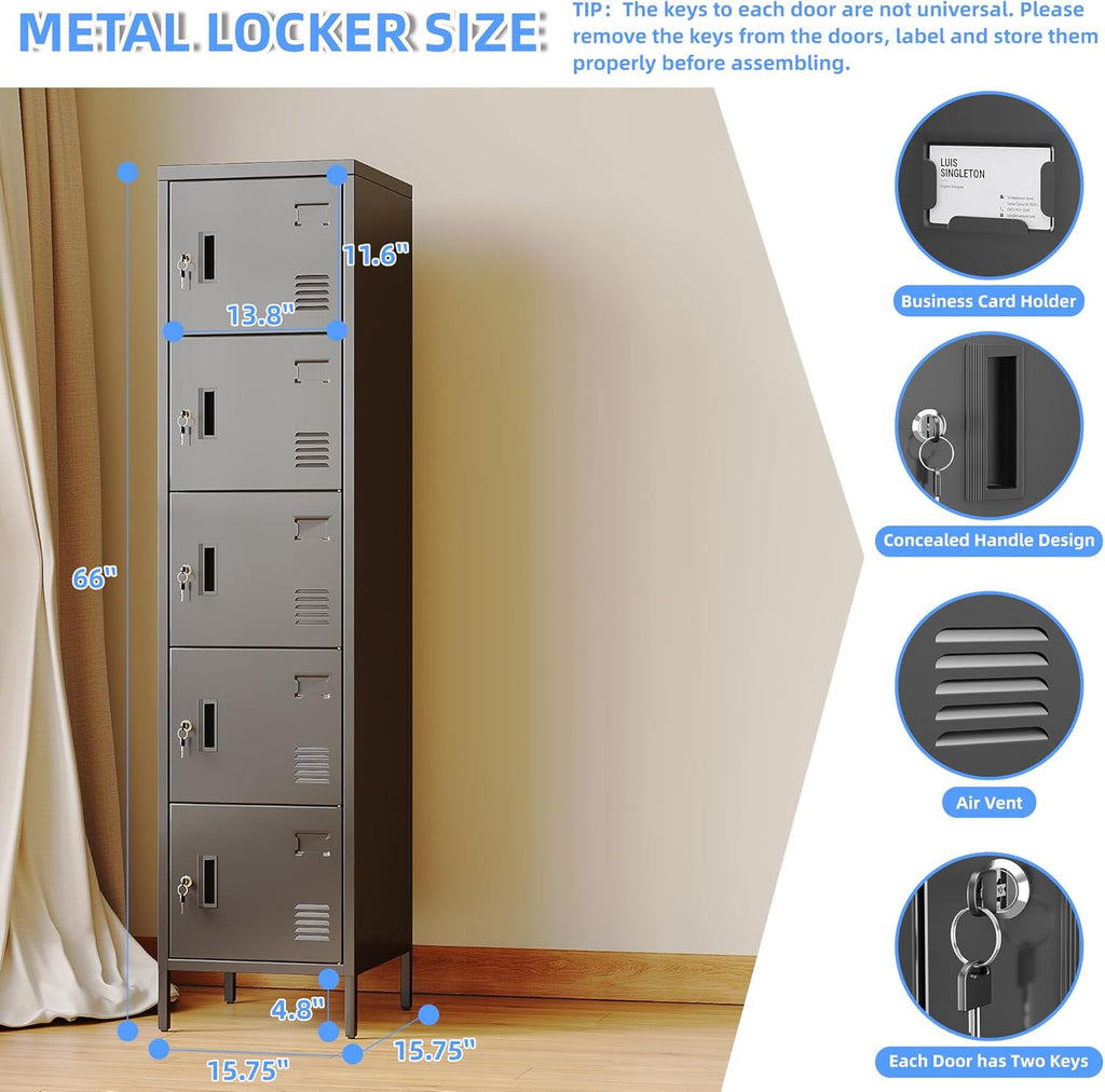 METAN Metal Storage Employees Locker with 5 Lockable Doors,Locking Storage Cabinets for Small Spaces,Home,School,Gym,Assembly Required,Black