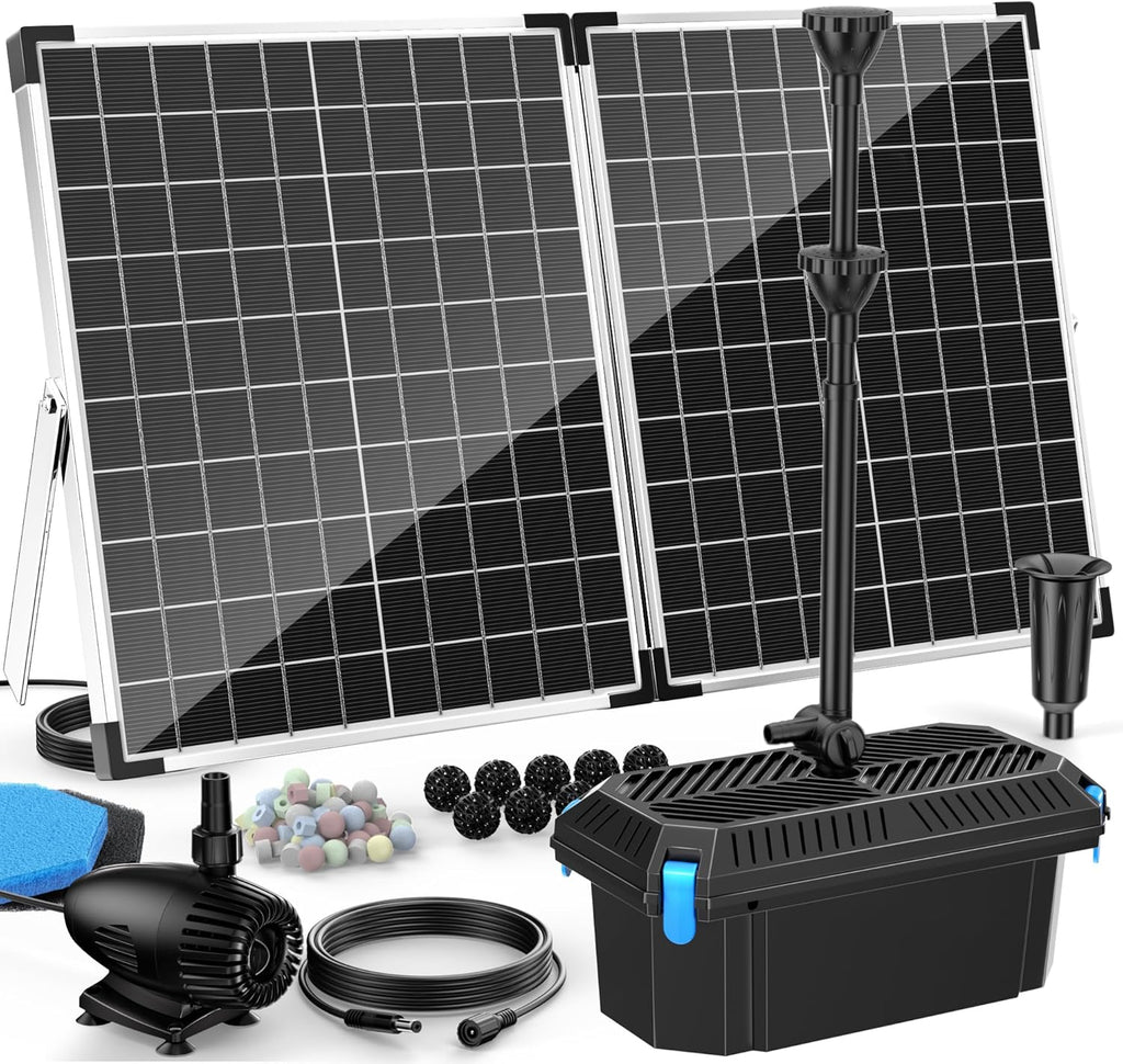 Antfraer Solar Fountain Pump with Pond Filter Kit, 55W Solar Water Pump with Pond Filter Box for Outdoor Pond Garden Fountain Waterfall Water Feature(17FT+10FT Power Cord）